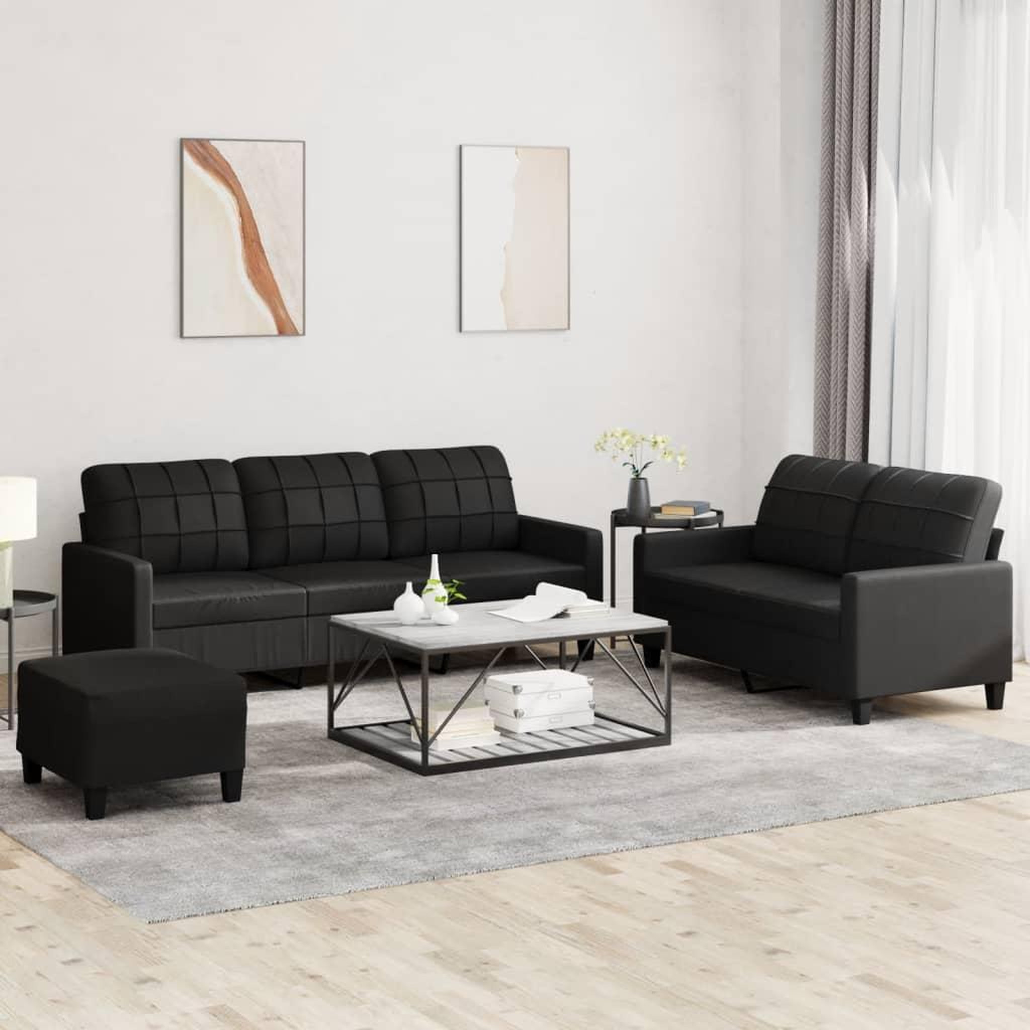 VIDAXL Ensemble de canapes 3 pcs avec coussins Noir Similicuir
