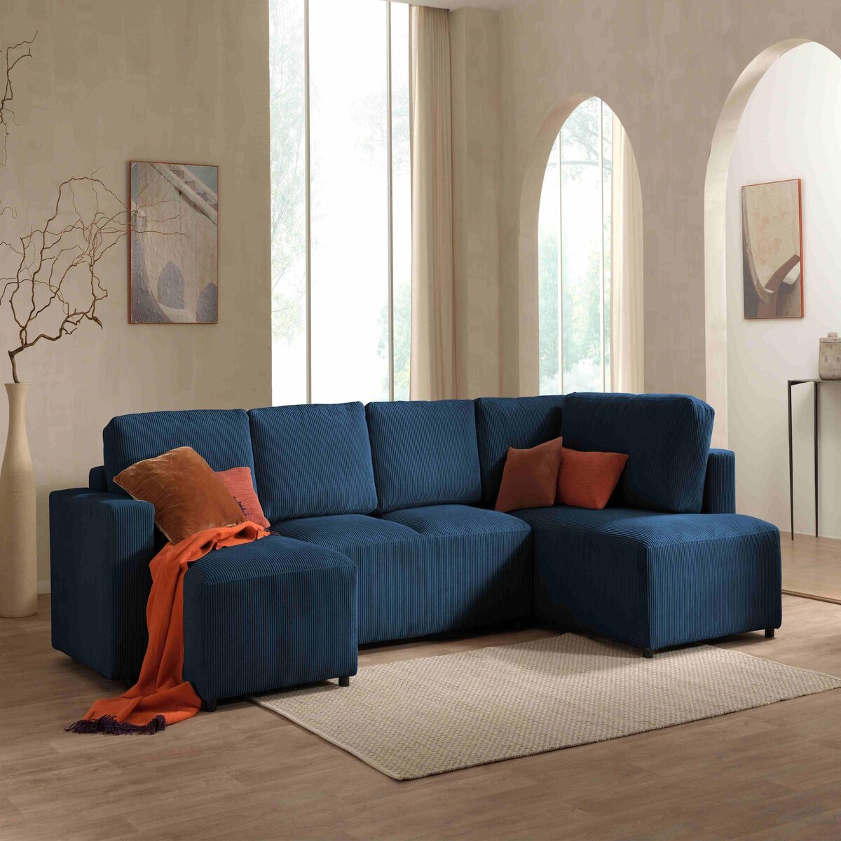 LISA DESIGN Livy - canapé panoramique convertible - avec coffre - en velours côtelé - 7 places - droit