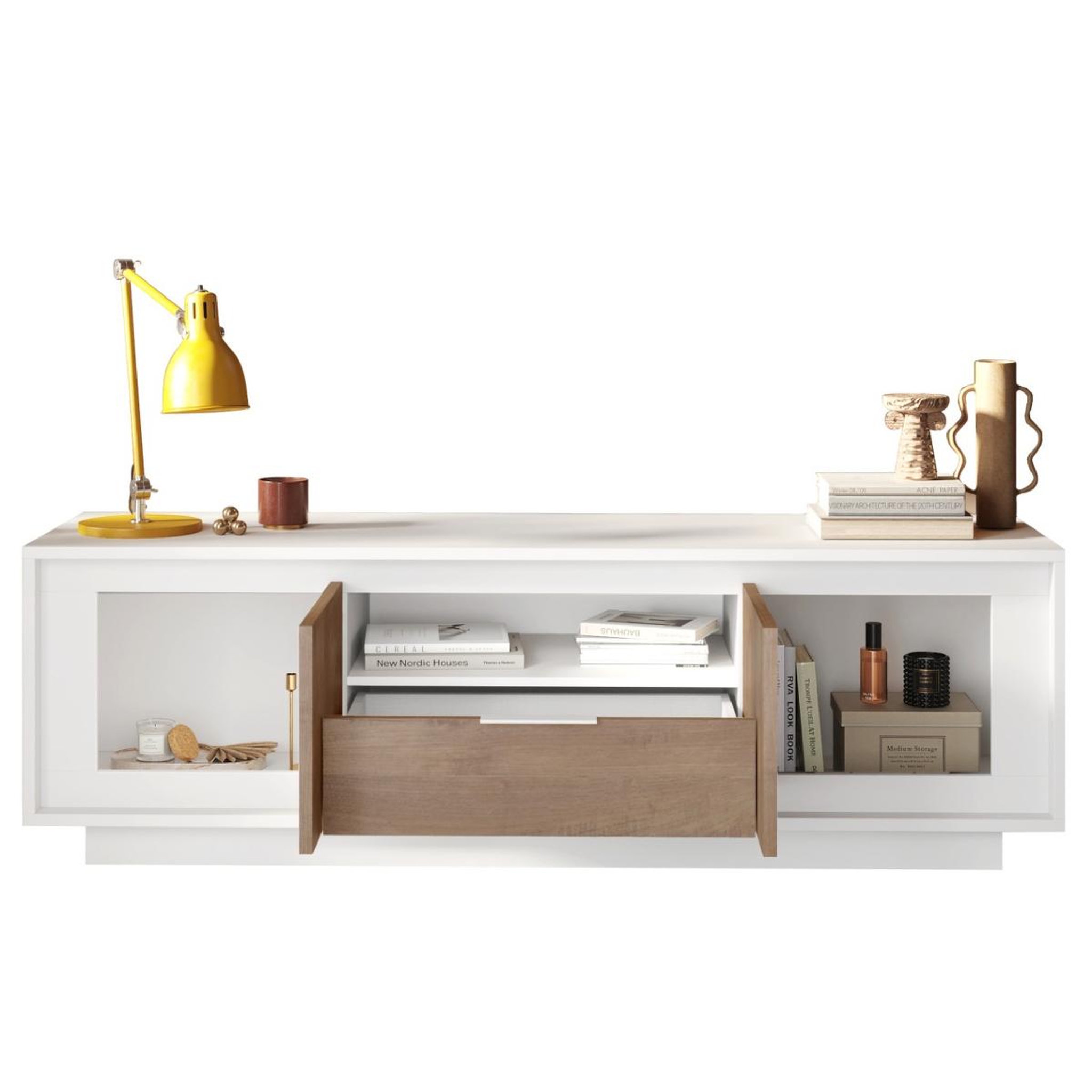 Voir la diapositive 3 : JLC KREATION Meuble tv contemporain 180cm blanc et noyer yori