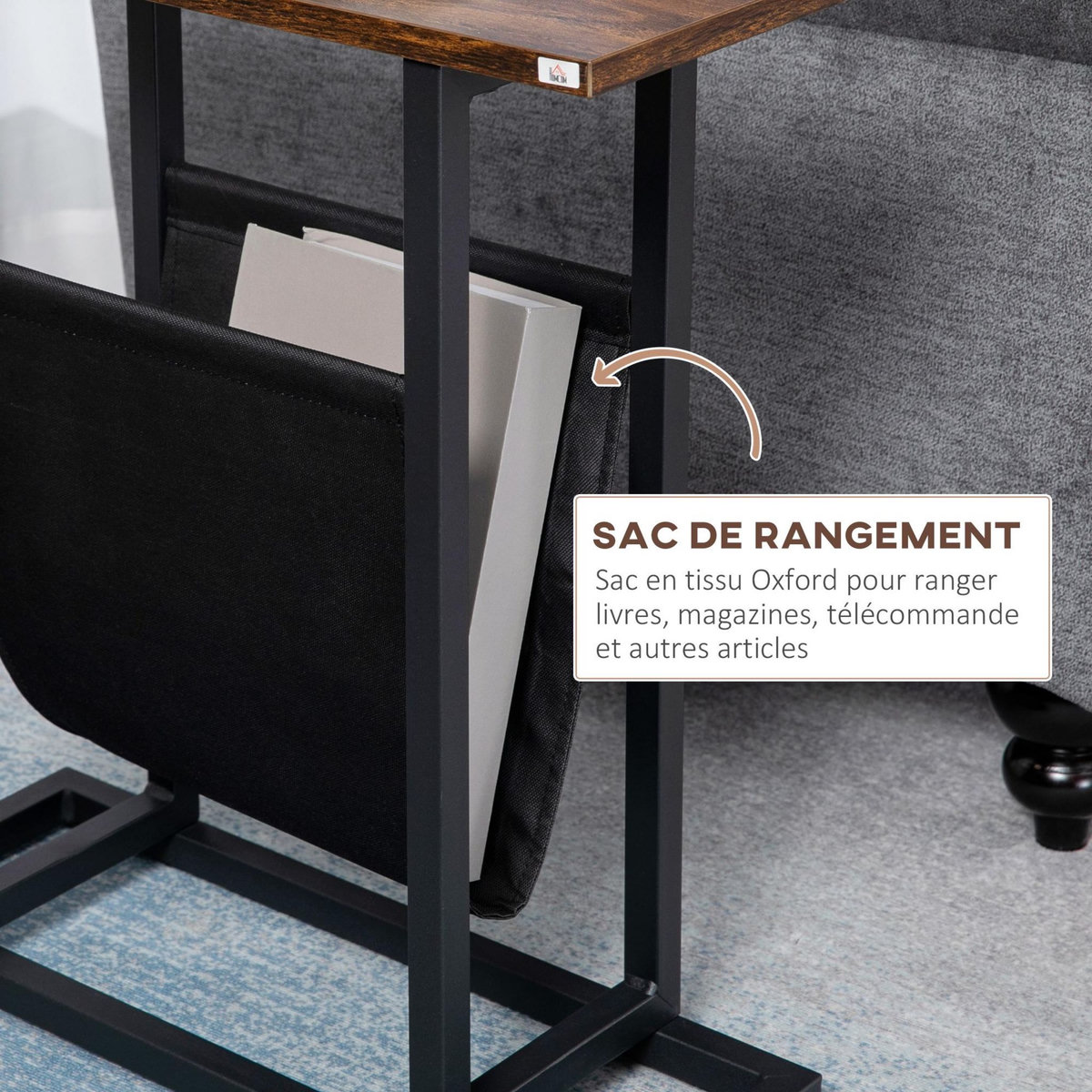 HOMCOM Guéridon bout de canapé table basse d'appoint - porte-revue tissu noir - châssis métal noir plateau aspect bois