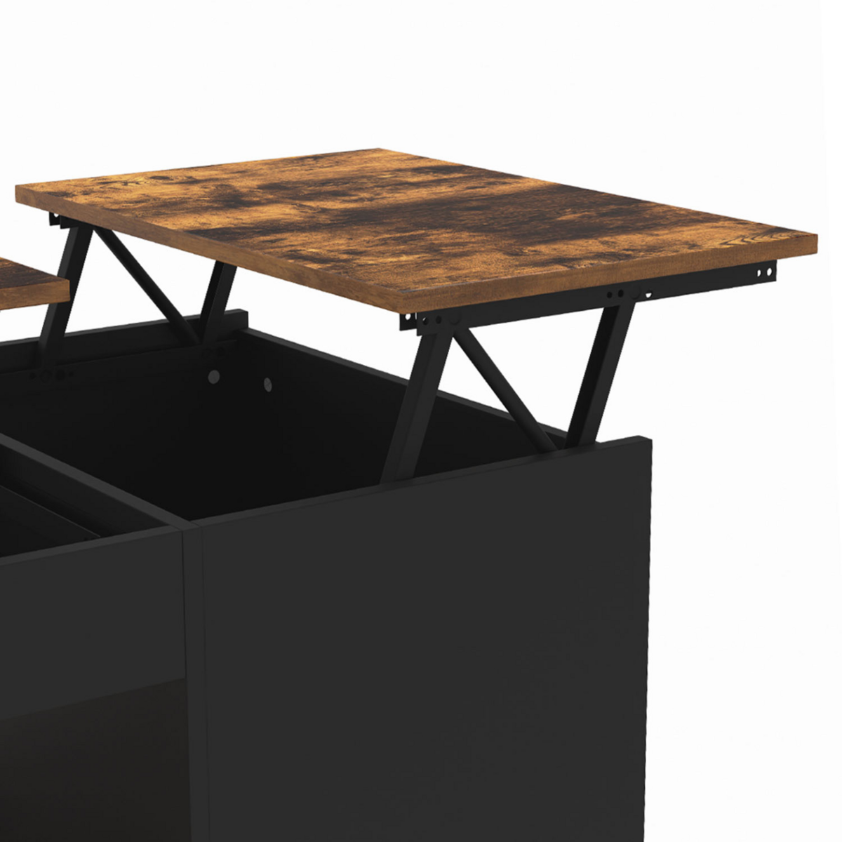 ID MARKET Table basse 2 plateaux relevables EYLA avec coffre bois foncé effet vieilli et noir
