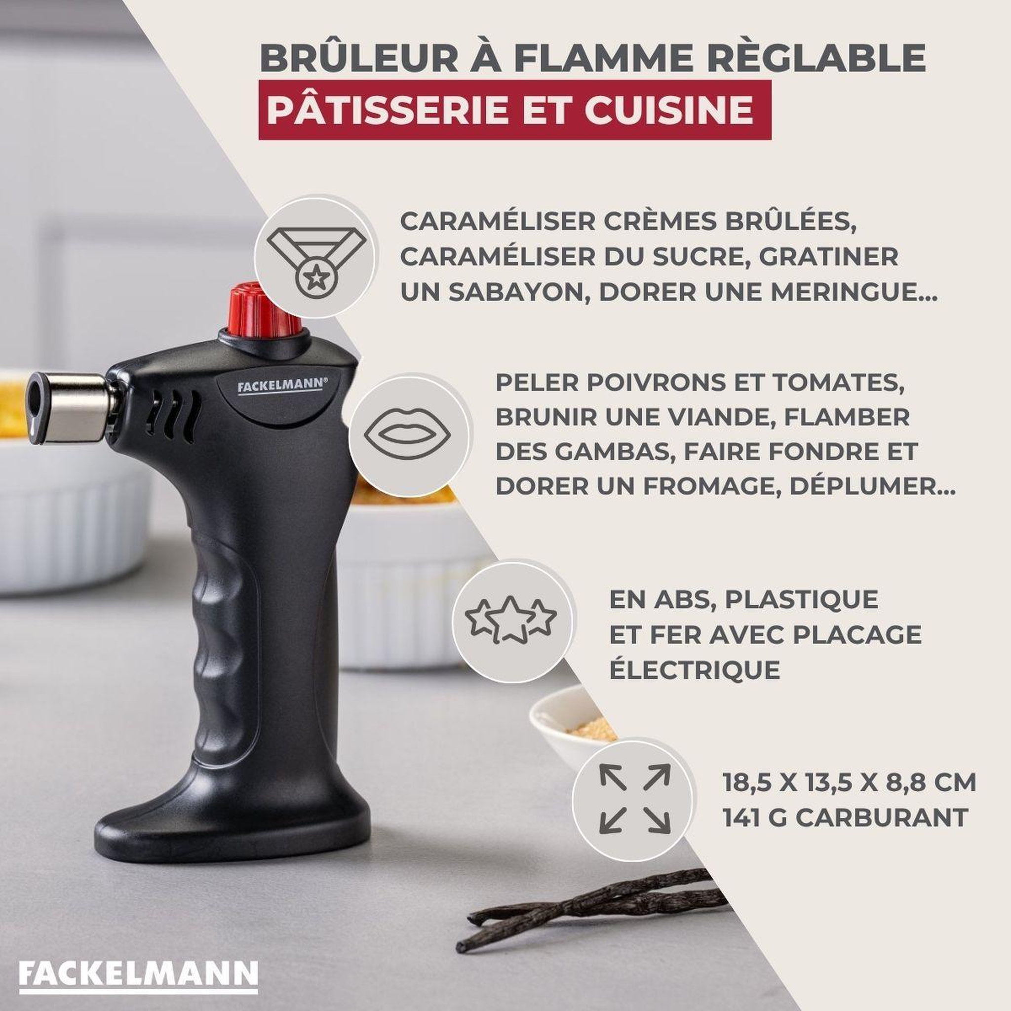 Voir la diapositive 3 : Fackelmann Chalumeau de cuisine à gaz fackelmann