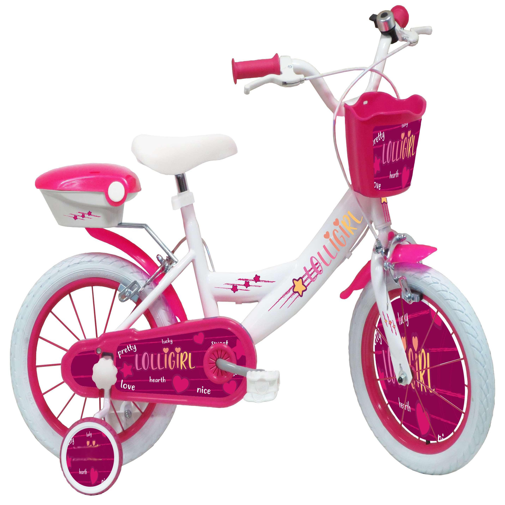 Voir la diapositive 1 : Vélo enfant - Modèle 14''Fille Lolli Girl pour enfant de 95 à 110 cm avec stabilisateurs - Panier avant - Coffre arrière - 2 freins et pneus gonflables