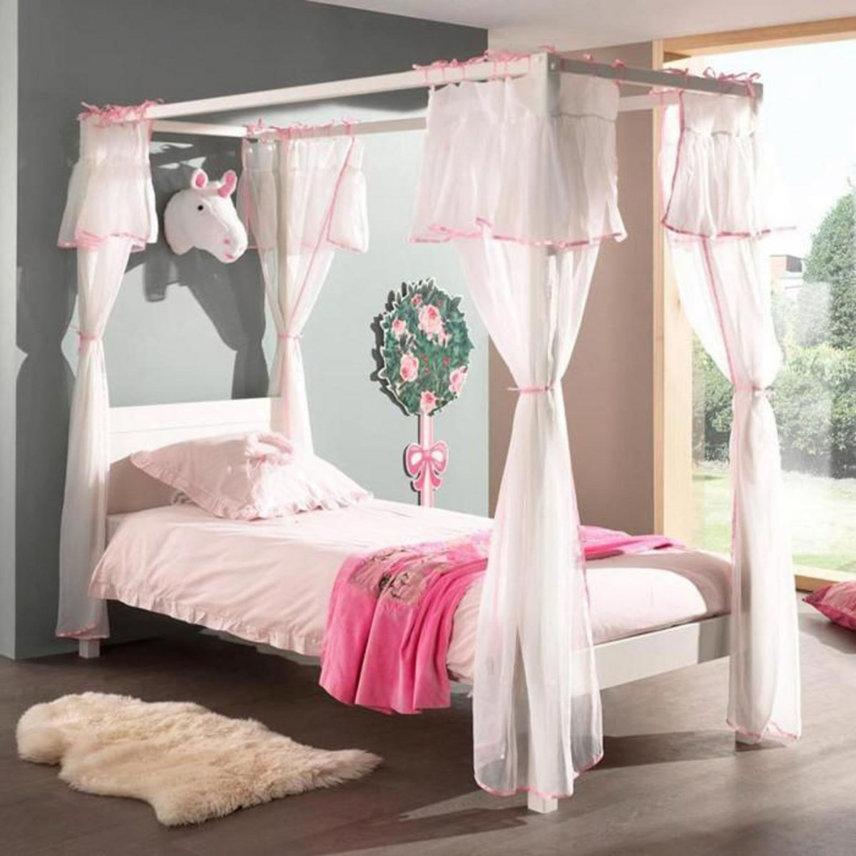 Paris Prix Lit Enfant à Baldaquin & Voile  Pino  90x200cm Blanc & Rose