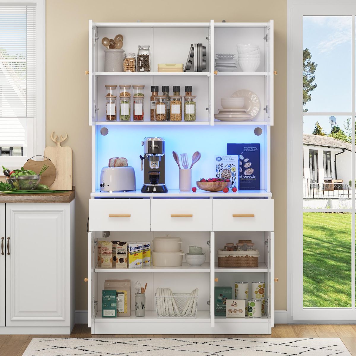 MERAX Buffet de cuisine 6 portes 3 tiroirs - 105 cm blanc led mdf