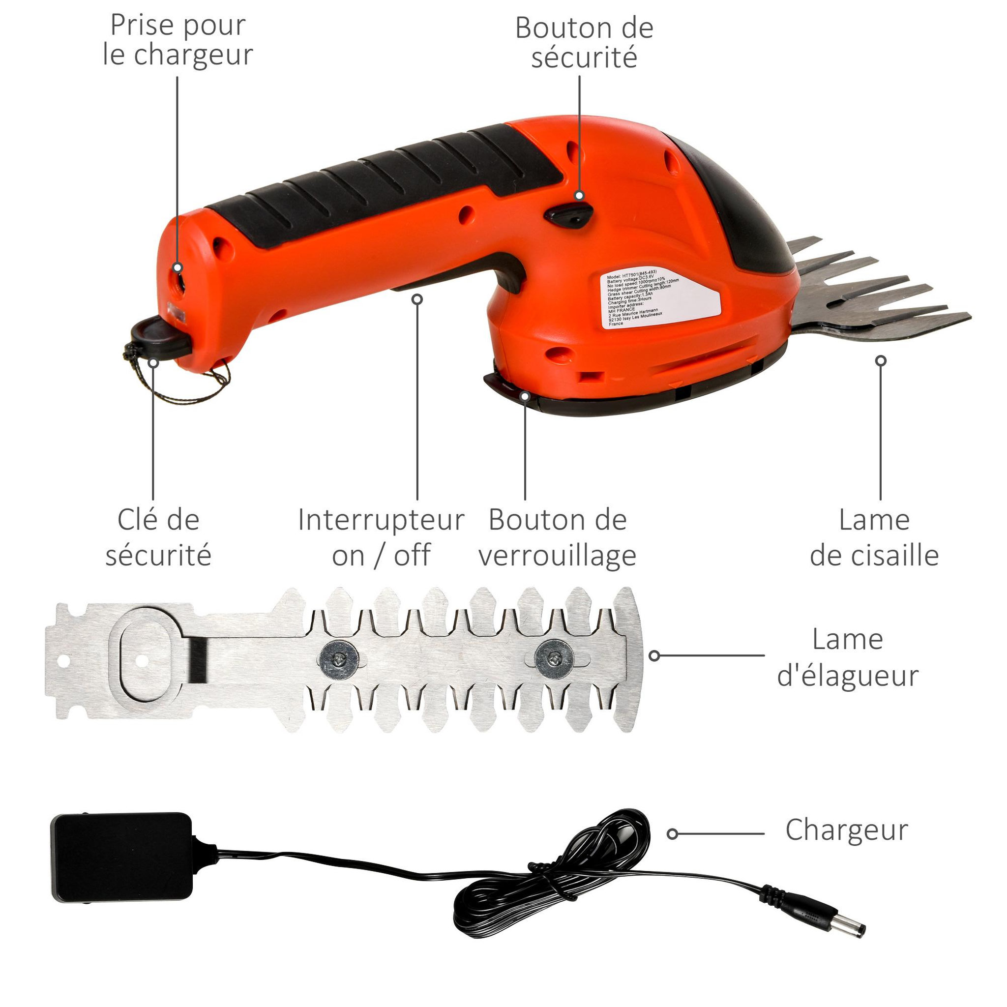 Voir la diapositive 6 : OUTSUNNY Outsunny Taille haie - mini taille haie portable avec batterie rechargeable - clé de sécurité, 2 lames - vitesse à vide 1100 tr/min - acier ABS rouge noir