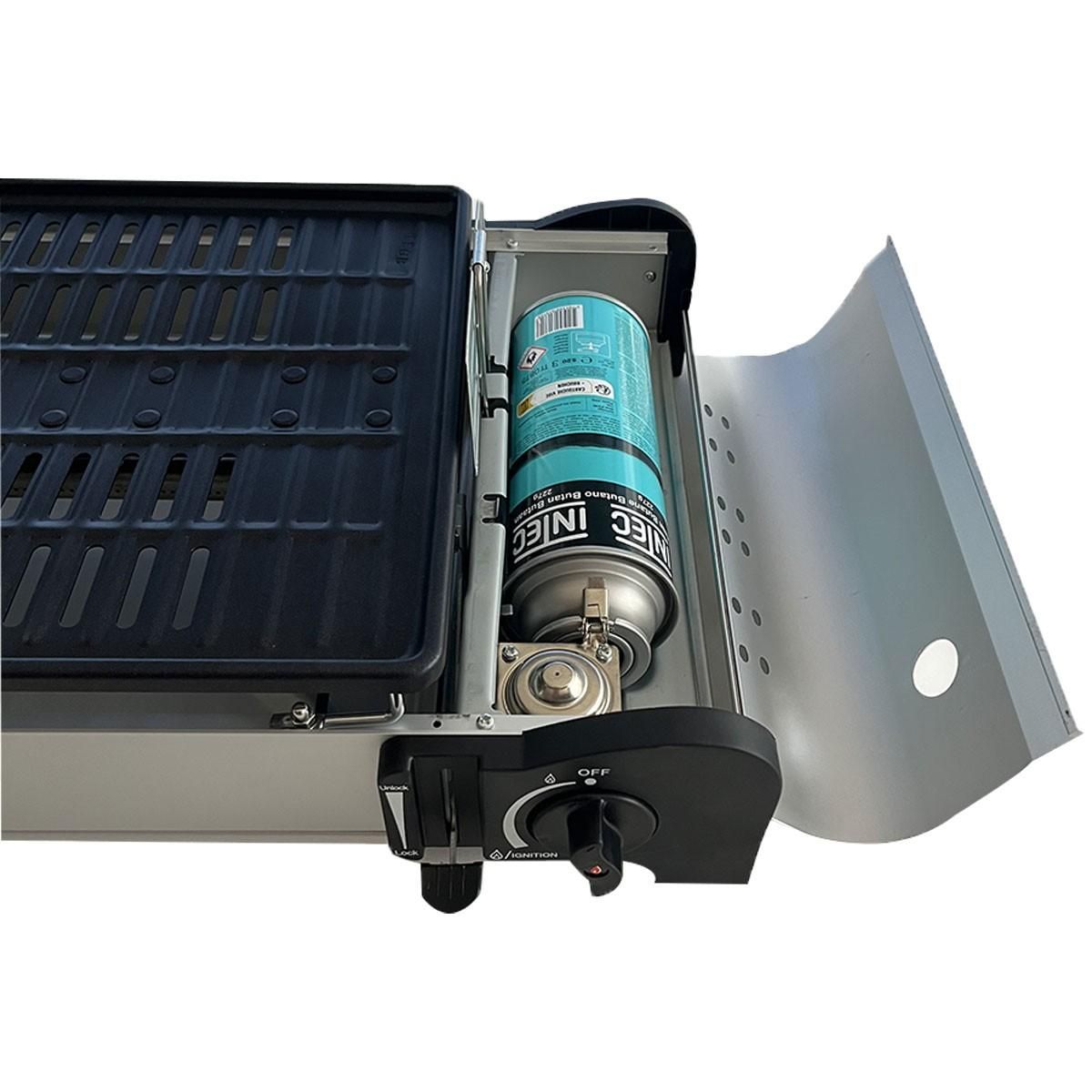 INTEC Barbecue à gaz Grill 1900W + 8 cartouches de gaz Allumage Piezo + Récupérateur de graisse Camping COOK160