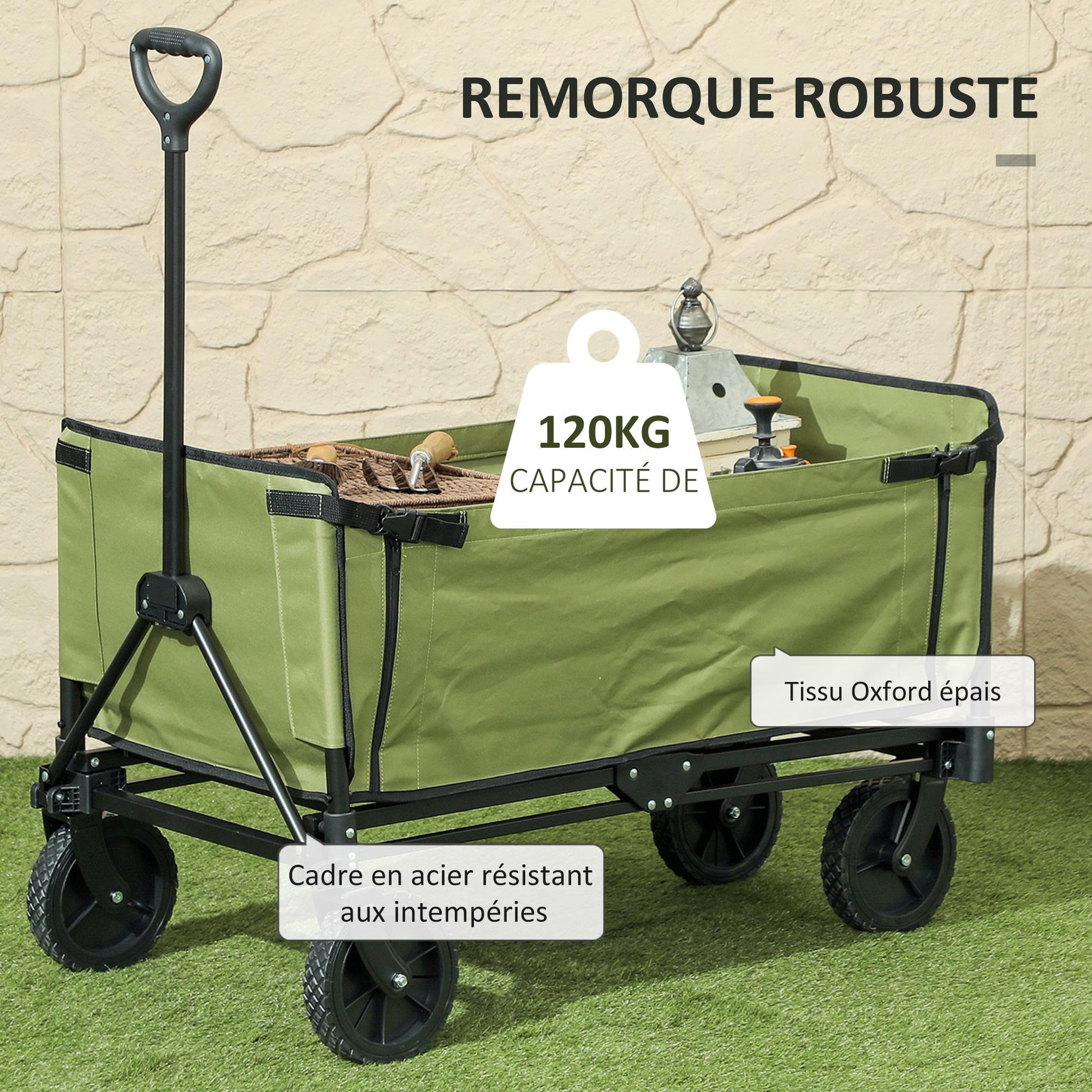 Voir la diapositive 5 : OUTSUNNY Chariot de jardin pliable 130l - housse zippée amovible, poignée télescopique mobile - acier noir tissu kaki