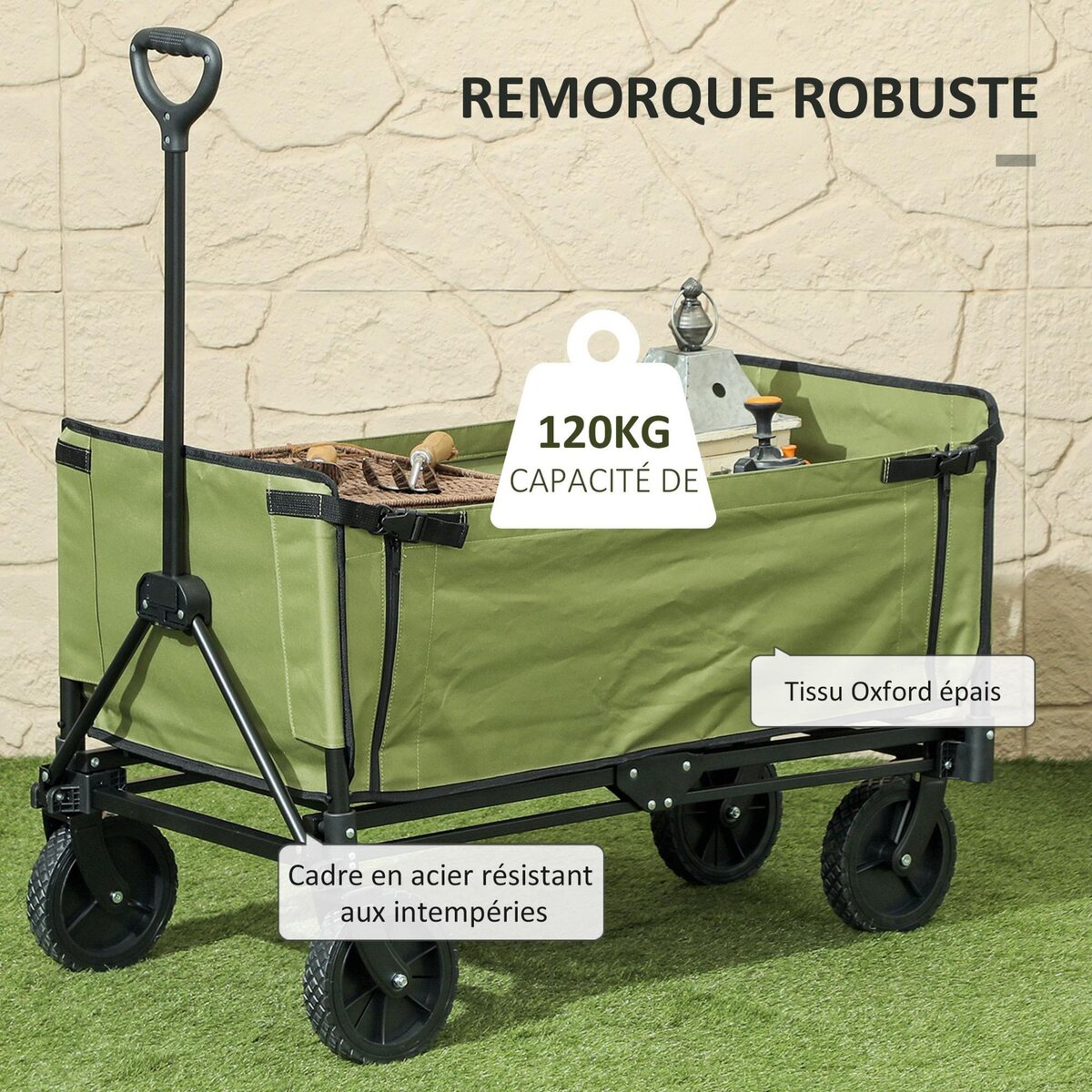 OUTSUNNY Chariot de jardin pliable 130L - housse zippée amovible, poignée télescopique mobile - acier noir tissu kaki
