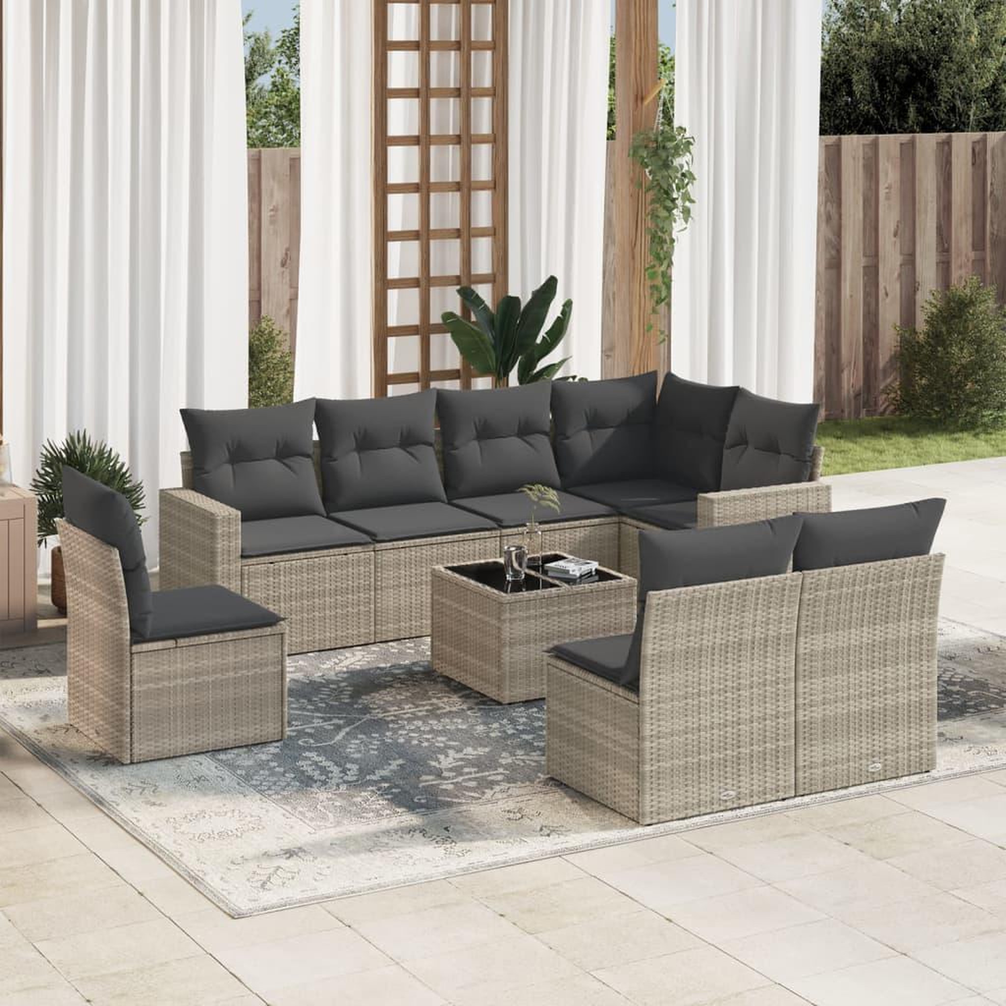 VIDAXL Salon de jardin 9 pcs avec coussins gris clair resine tressee