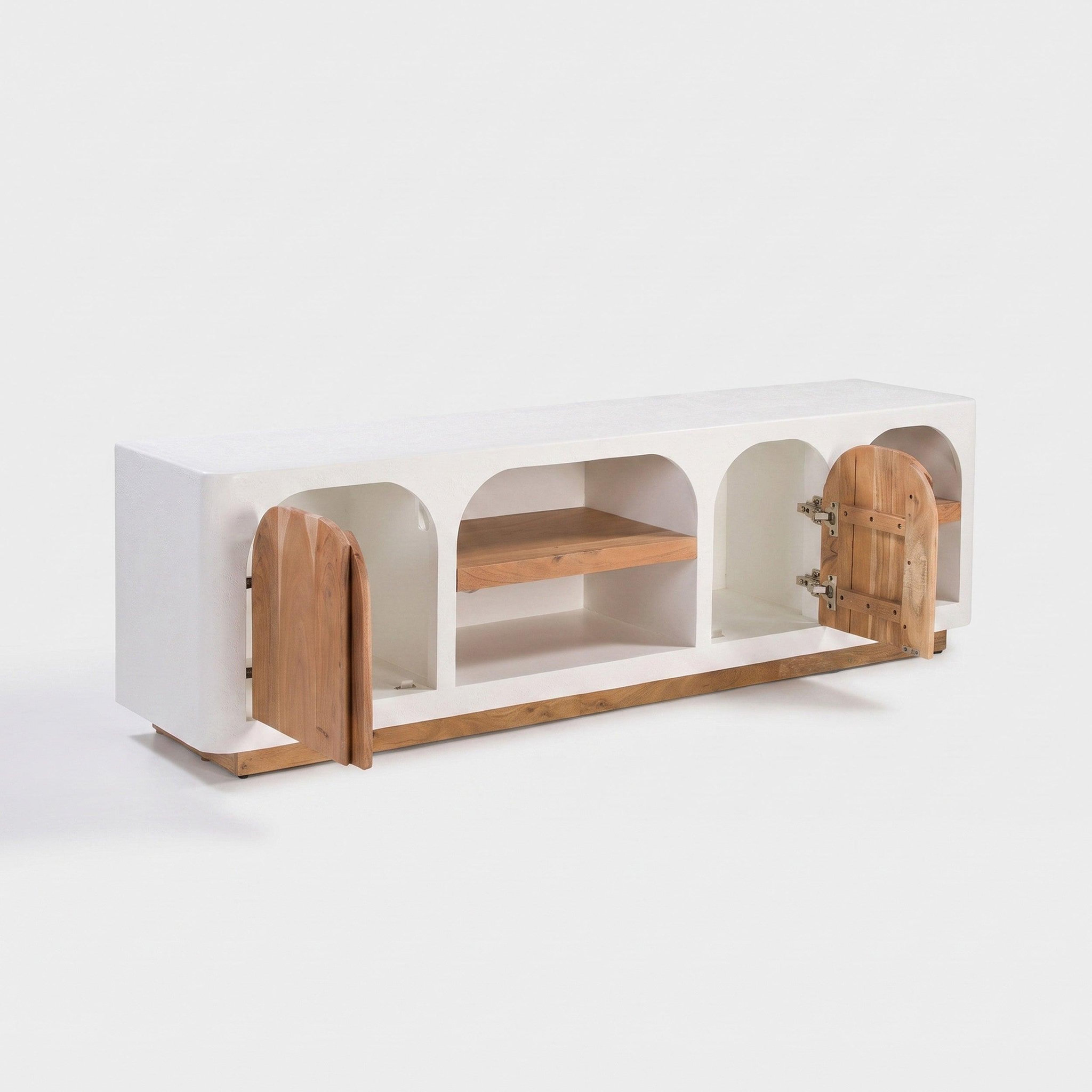Voir la diapositive 5 : MAISON PAVANE Meuble TV en plâtre blanc cassé 180 cm-Fira
