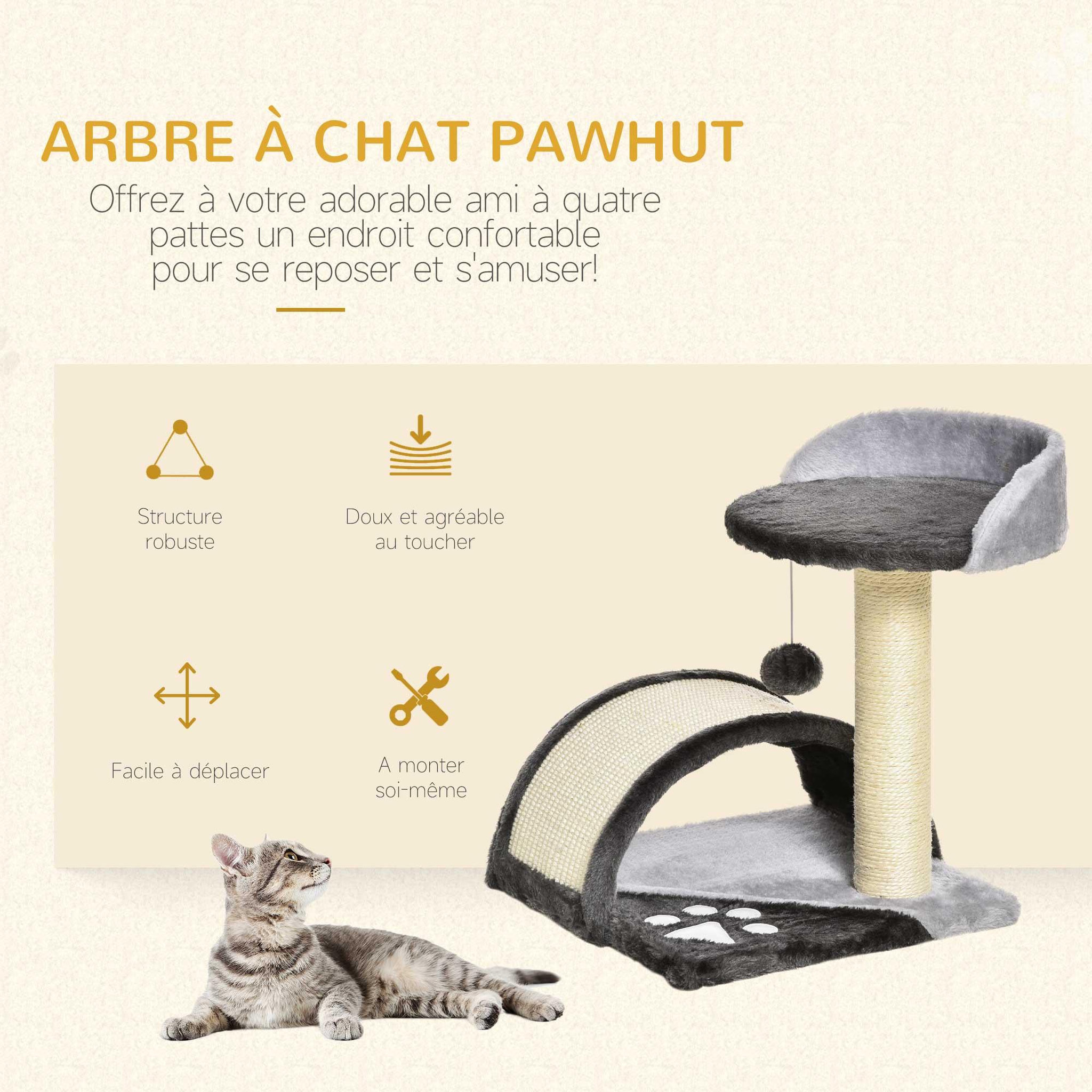 Voir la diapositive 4 : PAWHUT Arbre à chat griffoir grattoir design jeu boule suspendue + plateforme peluche sisal naturel gris