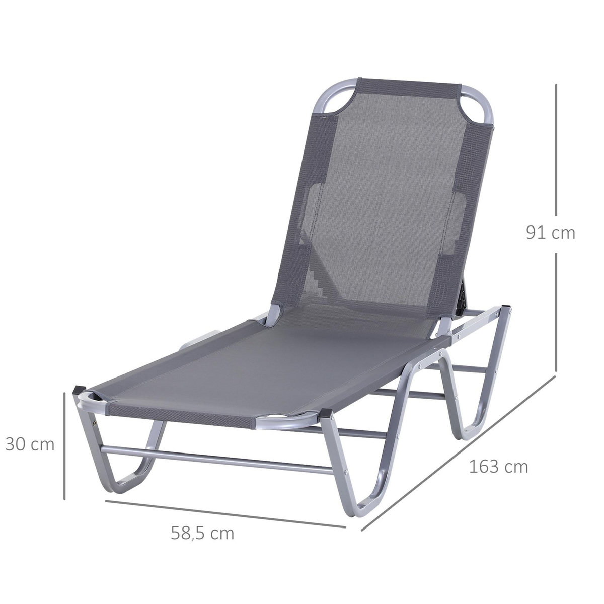 OUTSUNNY Bain de soleil transat design contemporain dossier inclinable multi-positions alu textilène gris