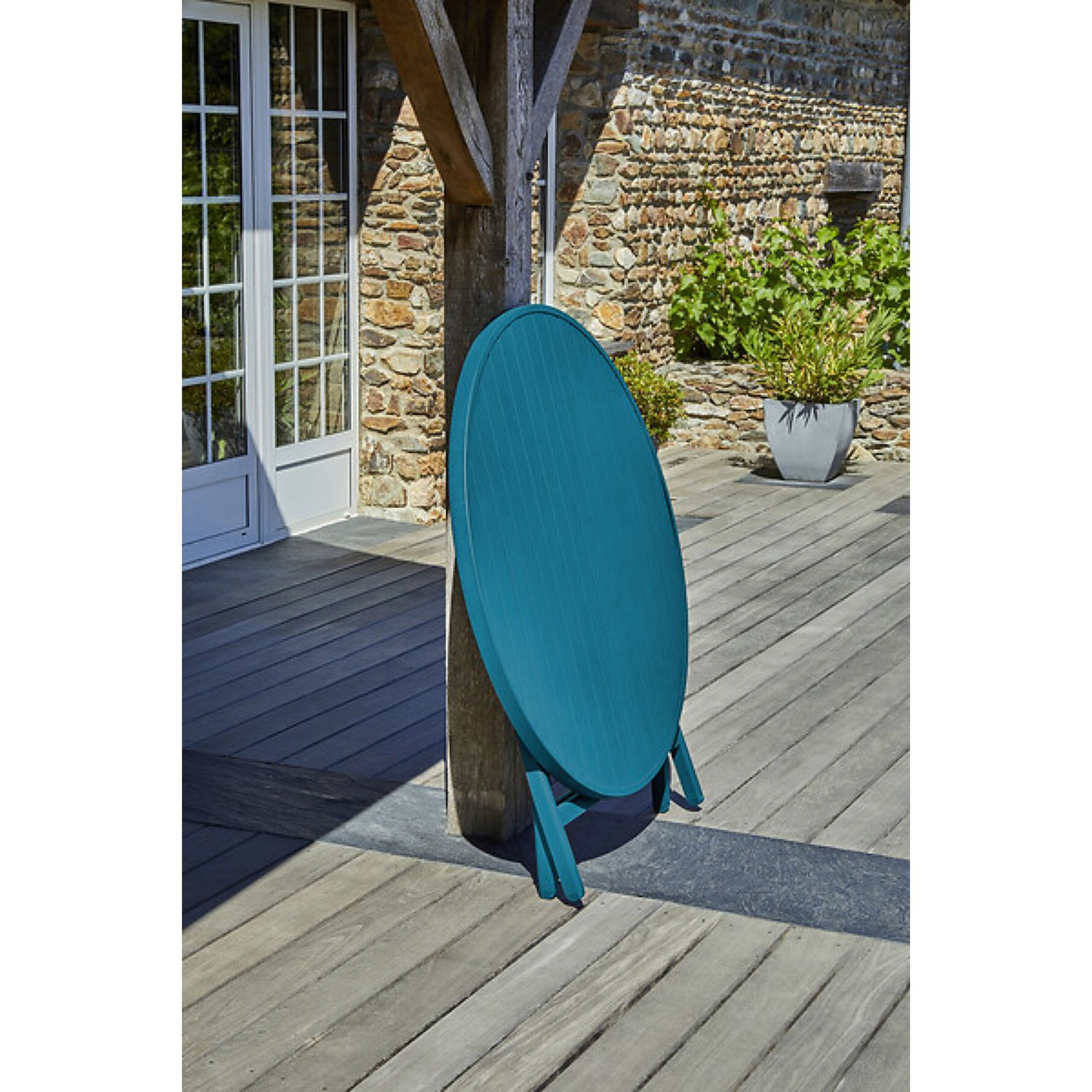 Voir la diapositive 2 : DCB GARDEN Table de jardin ronde pliante - 4/6 places - Aluminium - Bleu canard - MARIUS
