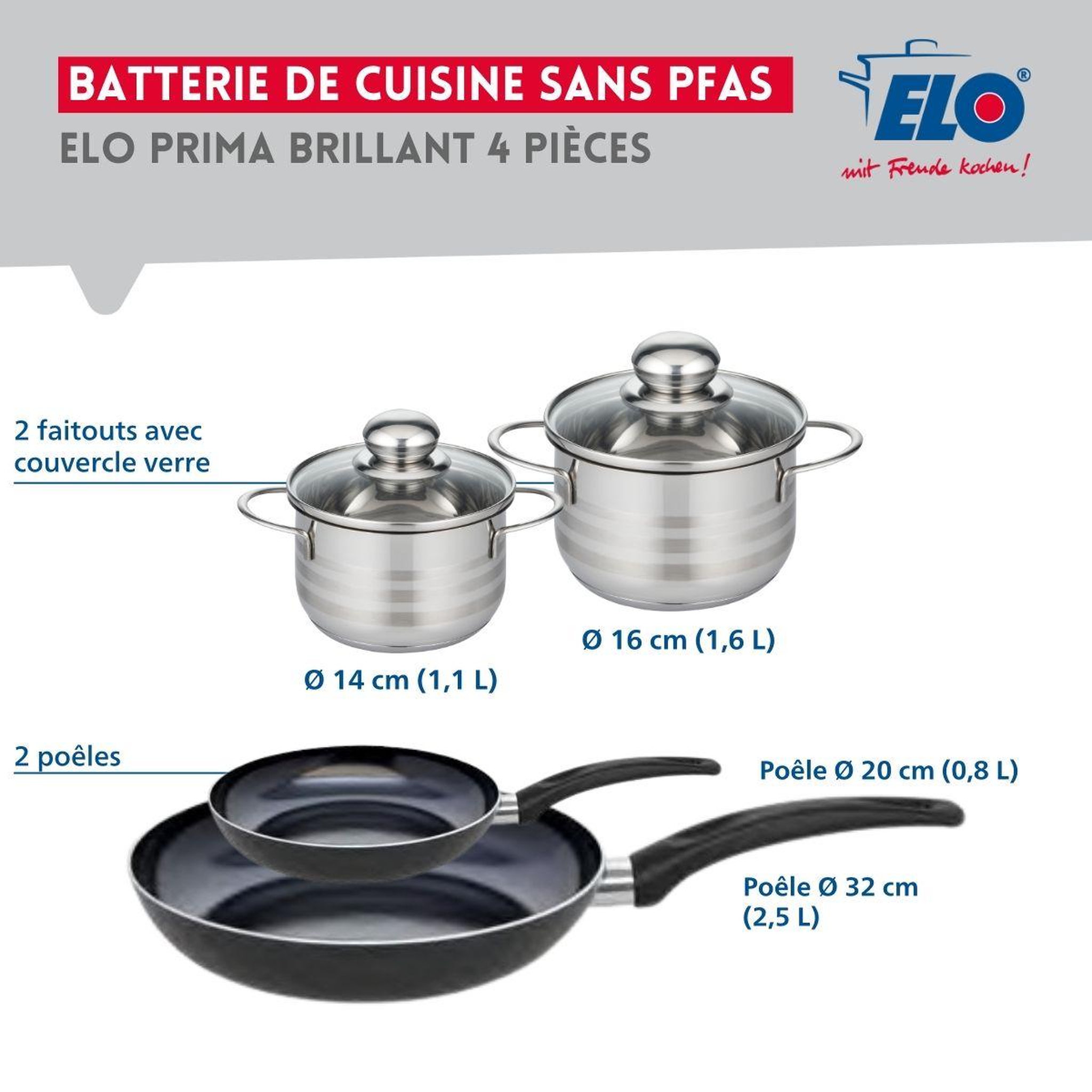 Voir la diapositive 2 : ELO Ensemble de 2 poêles de cuisson 20 et 32 cm et 2 faitouts 14 et 16 cm elo prima brillant