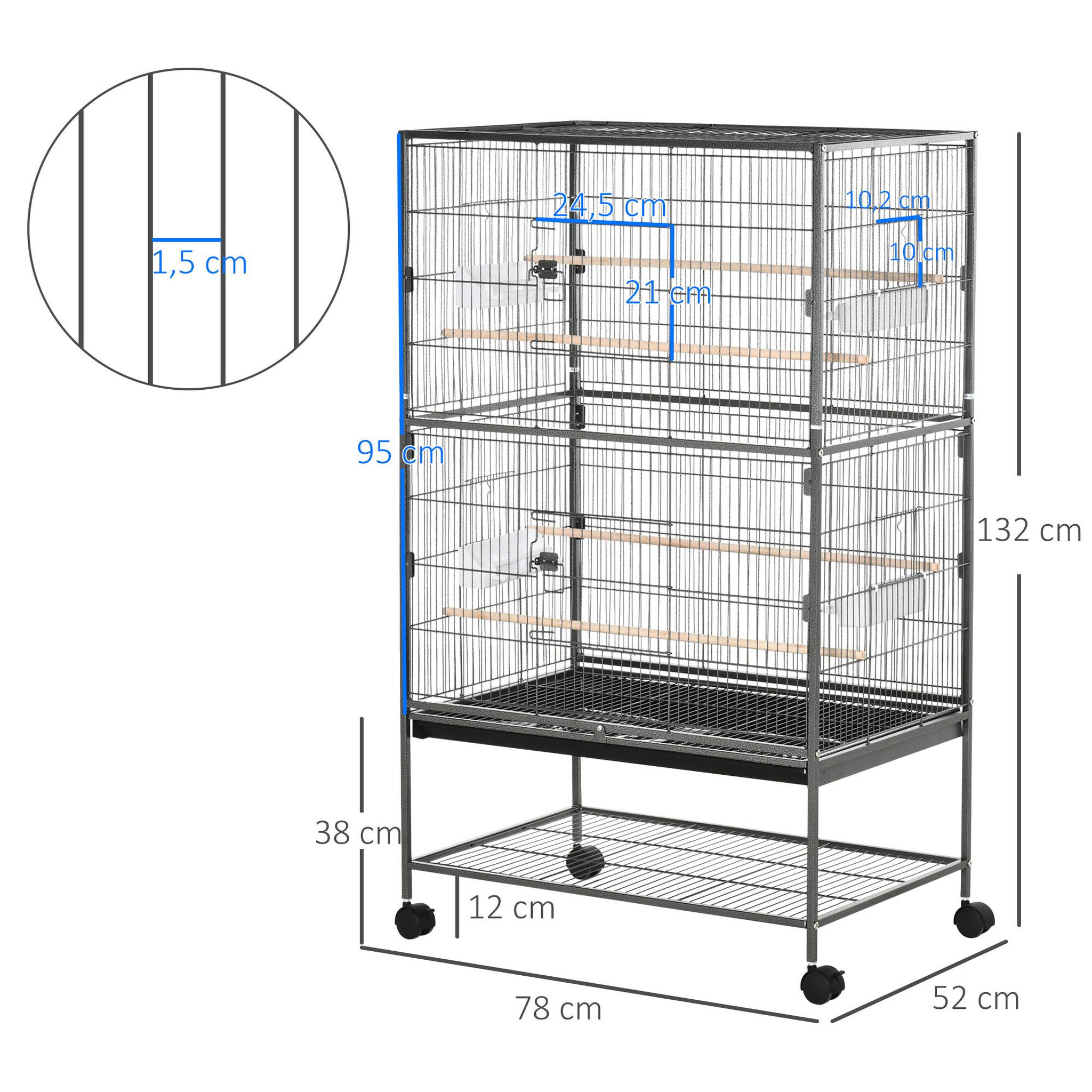 Voir la diapositive 3 : PAWHUT Cage oiseau mobile dim. 78x52x132cm - 4 perchoirs, mangeoires, plateau déjection, étagère - acier époxy gris moucheté