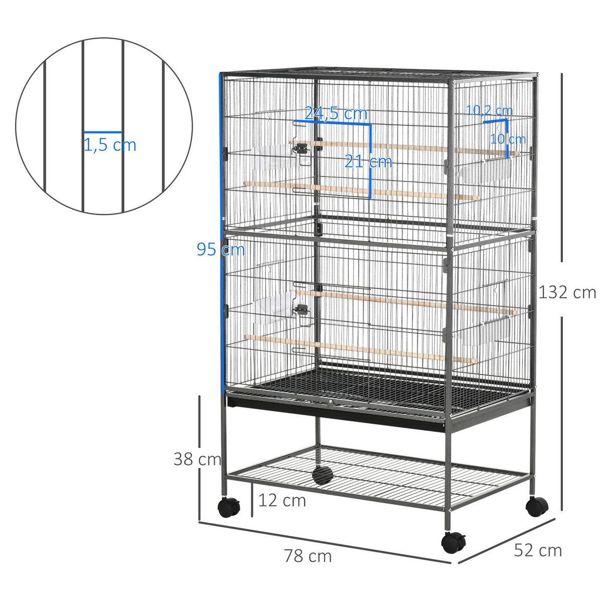 PAWHUT Cage oiseau mobile dim. 78x52x132cm - 4 perchoirs, mangeoires, plateau déjection, étagère - acier époxy gris moucheté