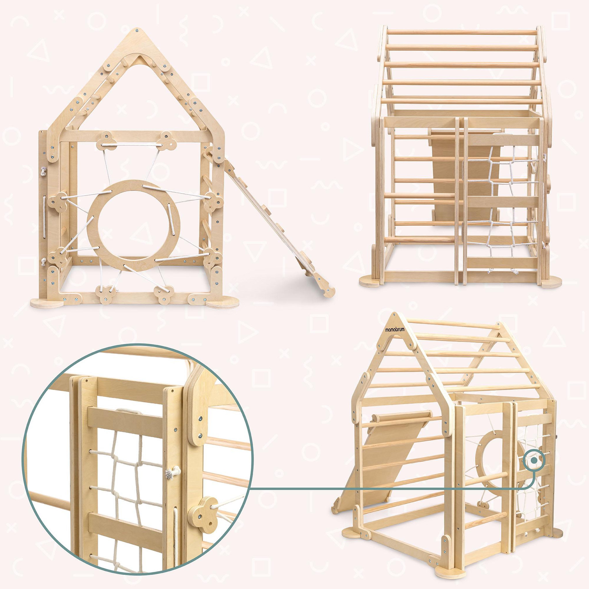 Voir la diapositive 3 : MAMABRUM Aire de Jeux Intérieure en Bois Mamabrum avec Mur d'Escalade, Échelles, Filet et Toboggan