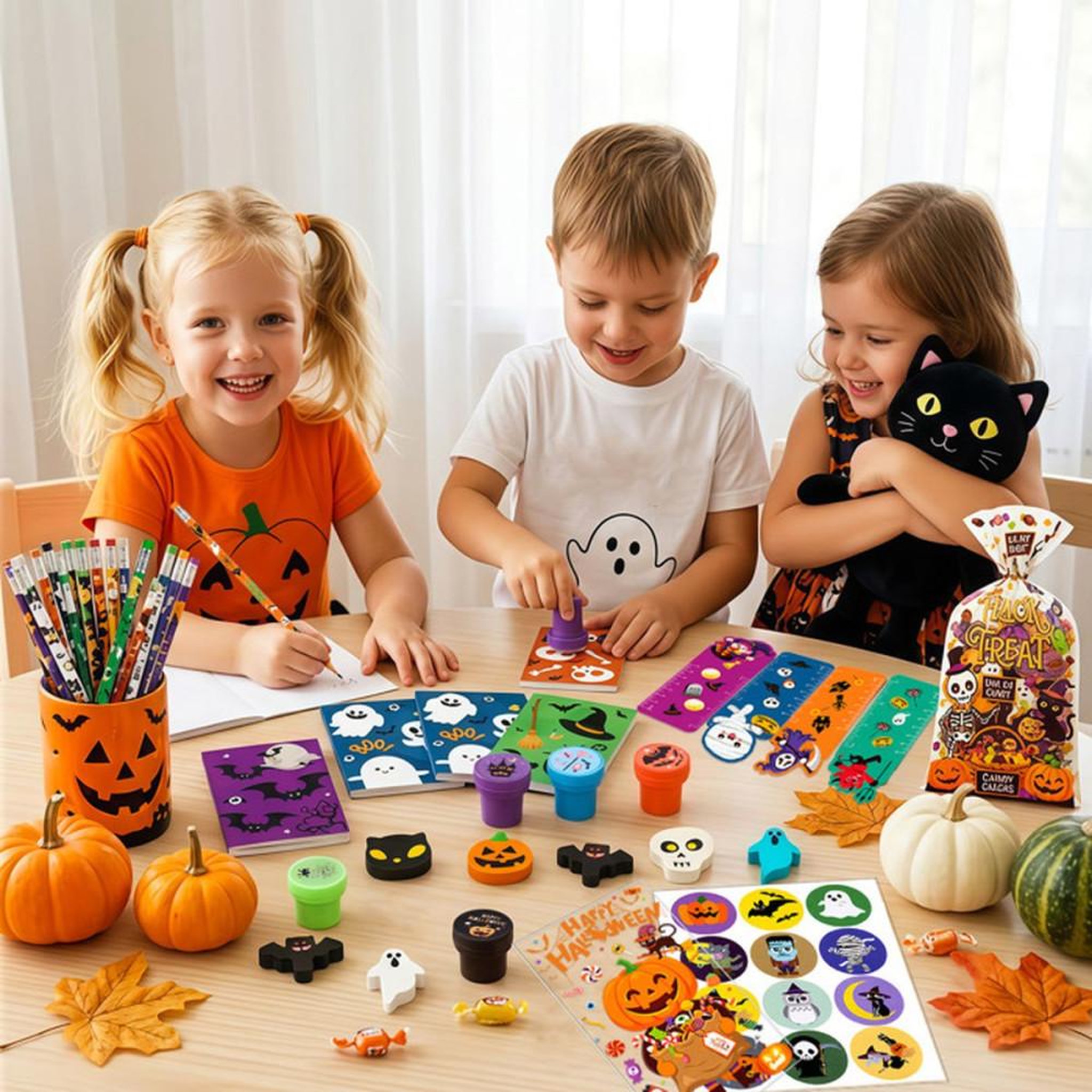 Voir la diapositive 4 : Kit de remplissage pour piñata Halloween 84 pièces : stickers, badges, sacs à bonbons et accessoires