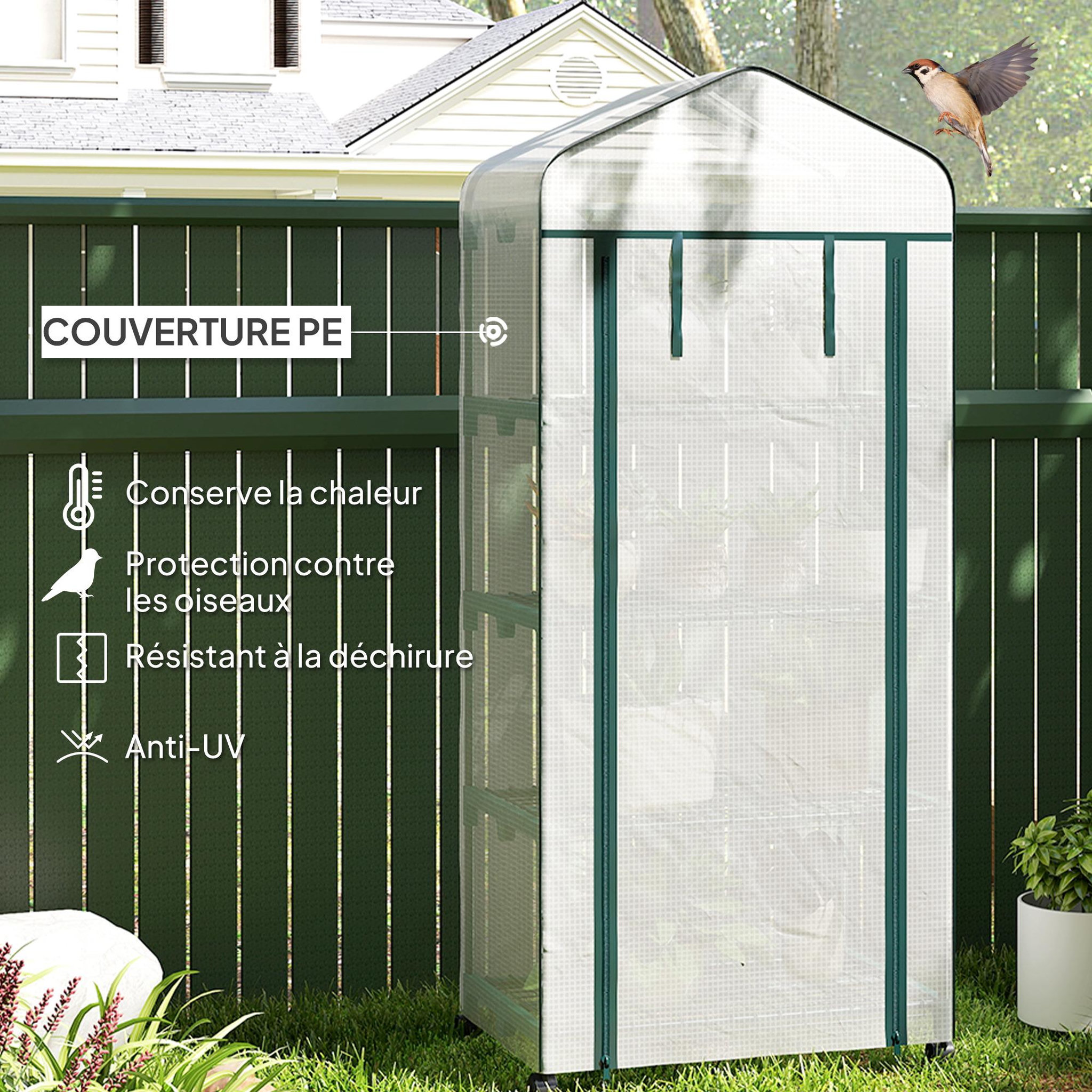 Voir la diapositive 6 : OUTSUNNY Serre de jardin balcon 4 étagères dim. 69 x 50 x 165 cm acier époxy bâche pe zippée haute densité blanc