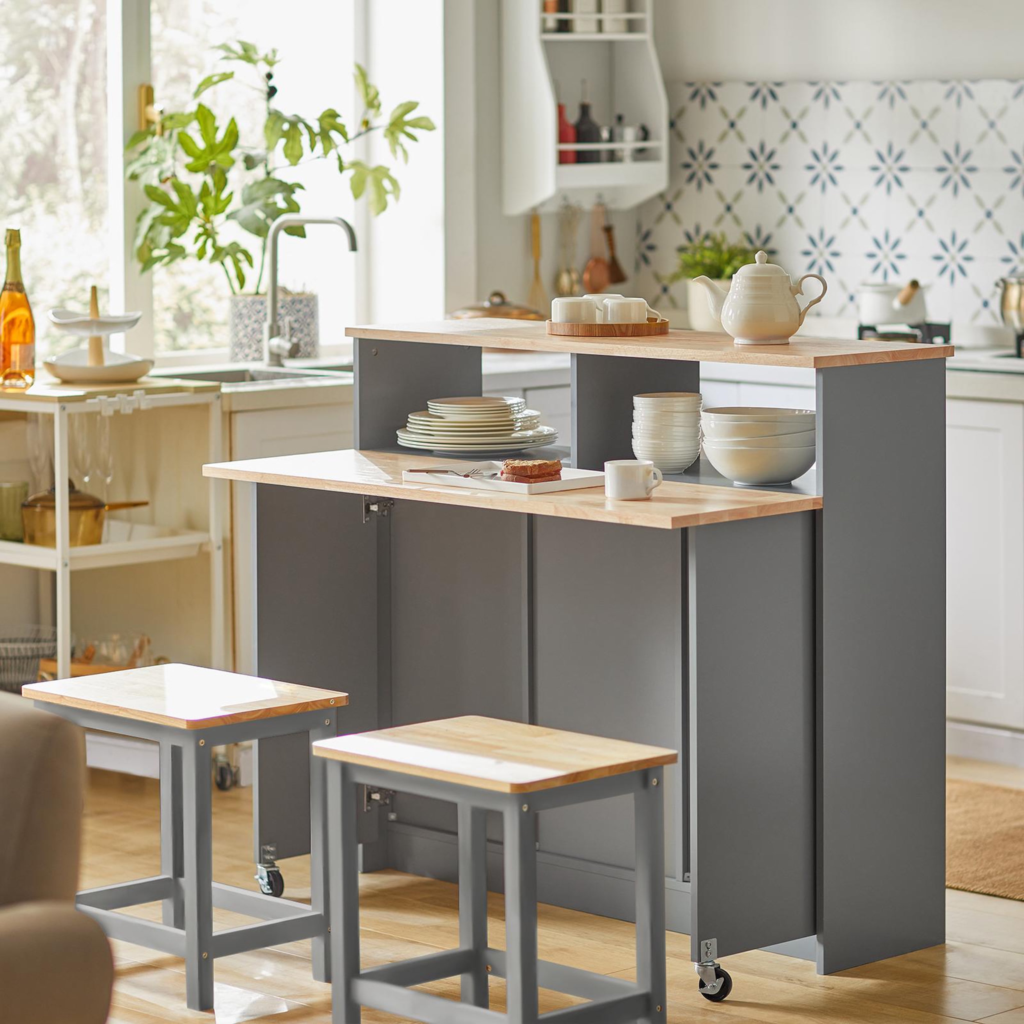 Voir la diapositive 2 : SOBUY Îlot de Cuisine avec Plans Rabattables Gris 110x68x97cm FSB36-HG