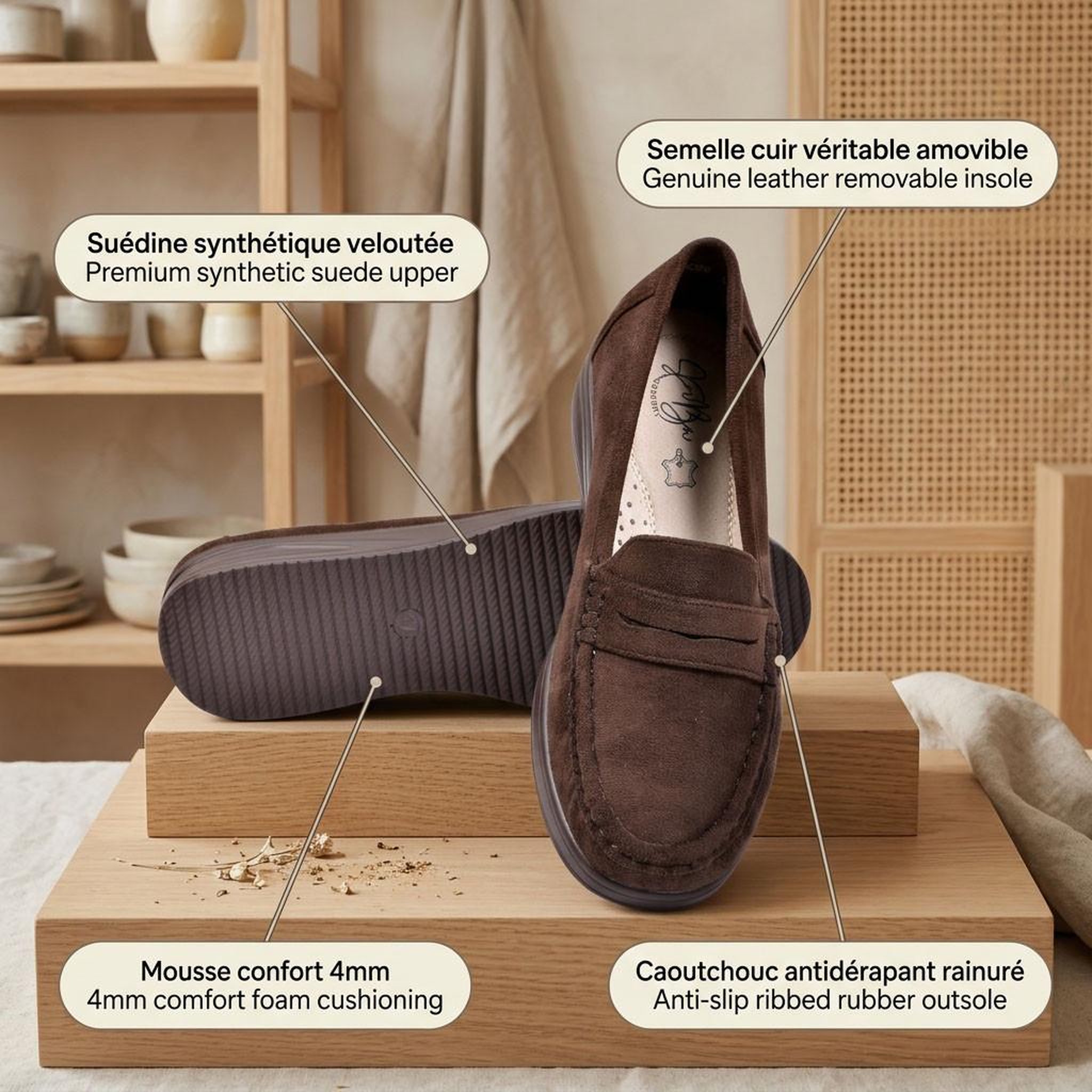 Voir la diapositive 4 : OZABI OZABI Mocassins Femme Penny Loafer Daim Confort
