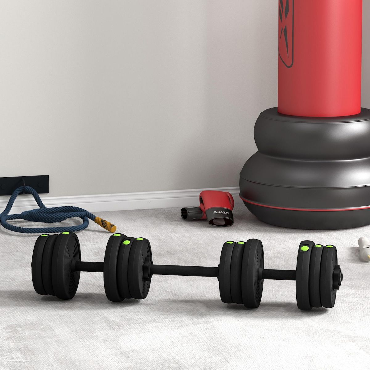 HOMCOM Haltères 2 en 1 réglables - haltères libres 20 Kg - barres incluses - entraînement musculaire & haltérophilie - noir vert