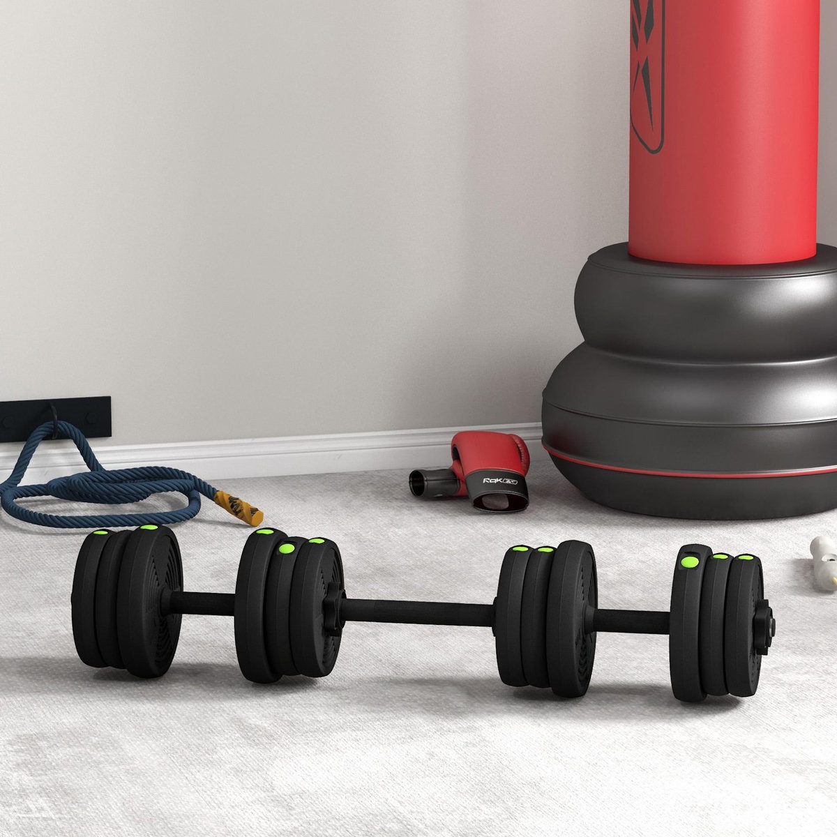 HOMCOM Haltères 2 en 1 réglables - haltères libres 20 Kg - barres incluses - entraînement musculaire & haltérophilie - noir vert