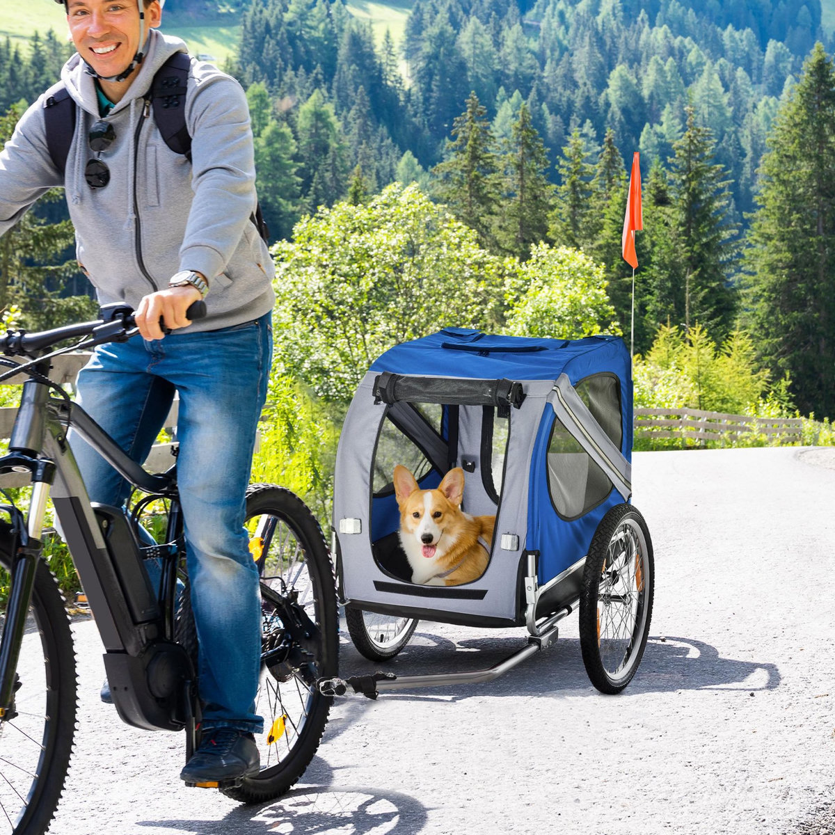 PAWHUT Remorque vélo pour chien animaux pliable 8 réflecteurs drapeau barre attelage inclus acier polyester imperméable max. 30 Kg 130L x 73l x 90H cm bleu blanc