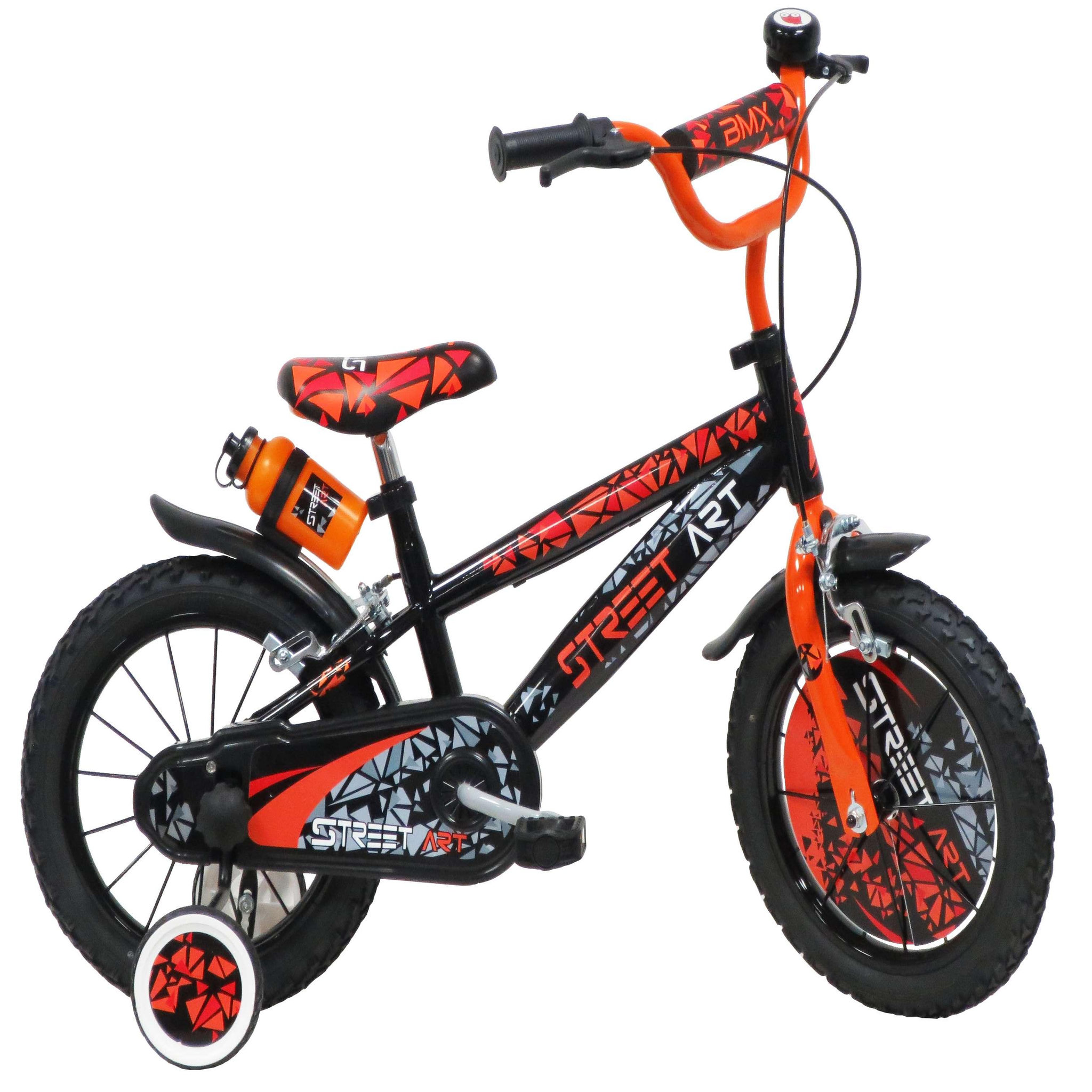 Vélo enfant - Modèle 14'' Street Art  pour enfant de 95/110 cm avec stabilisateurs - Plaque décorative avant - Porte bidon - 2 freins
