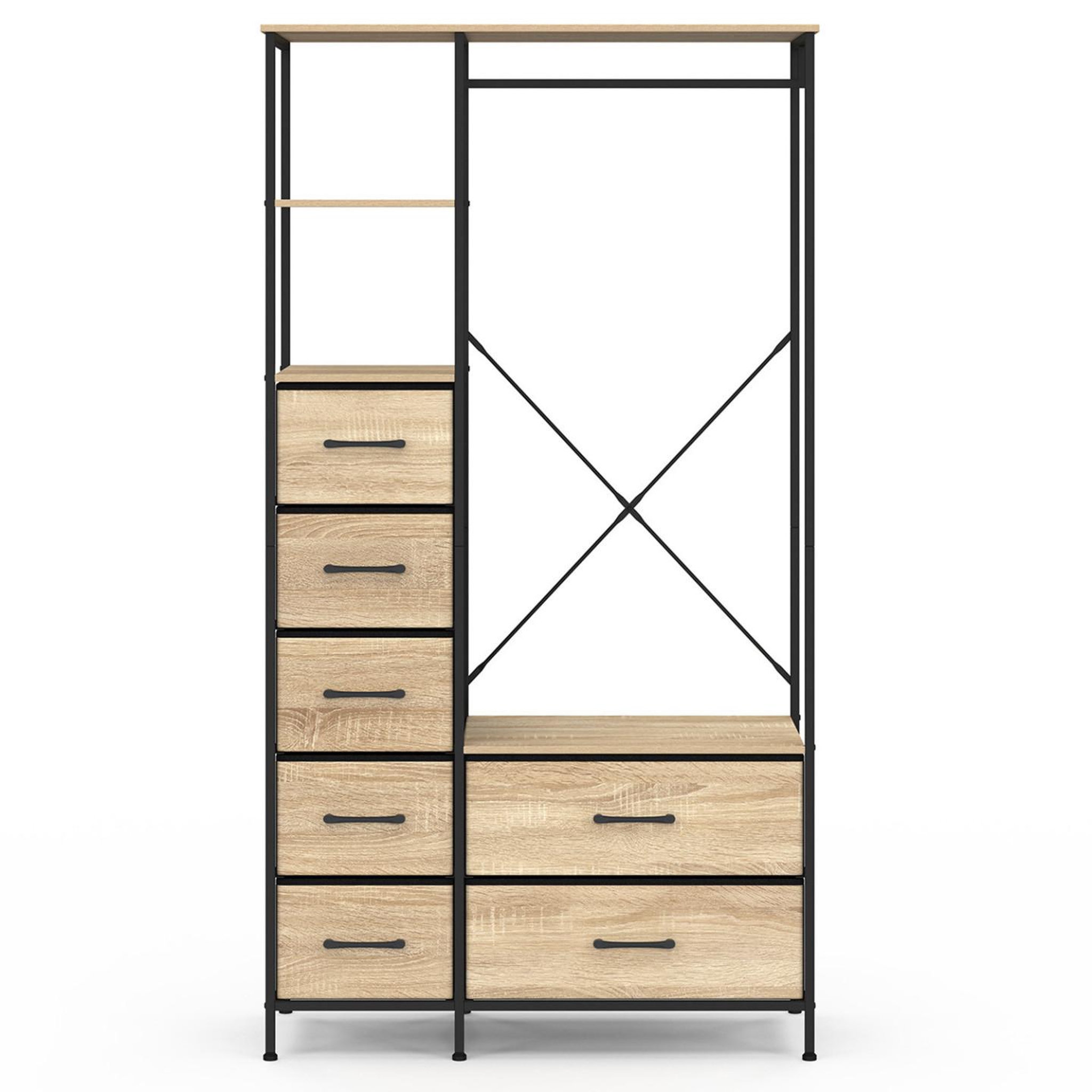 Voir la diapositive 3 : ID MARKET Dressing penderie + colonne L. 90 cm UTAH avec 1 étagère et 7 bacs en tissu bois et noir
