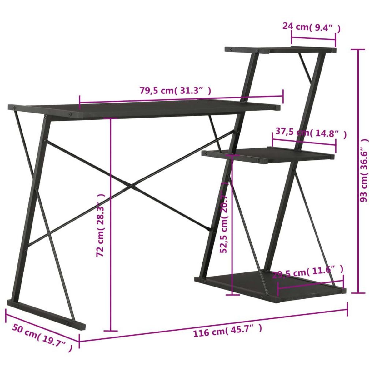 VIDAXL Bureau avec etagere Noir 116x50x93 cm
