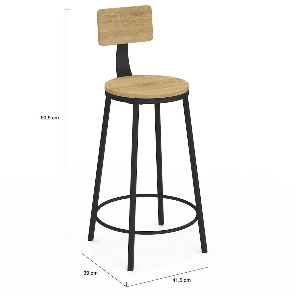 ID MARKET Lot de 4 tabourets de bar DETROIT assise ronde avec dossier design industriel