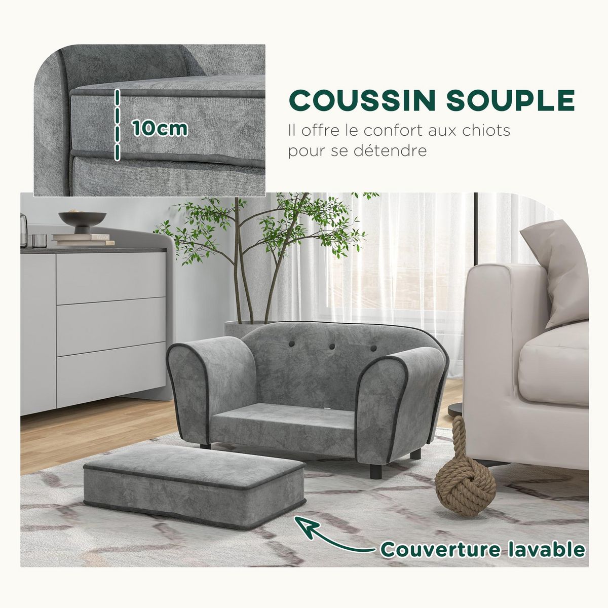 PAWHUT Canapé pour chien design - coussin déhoussable - dim. 74L x 41l x 32,5H cm - velours gris