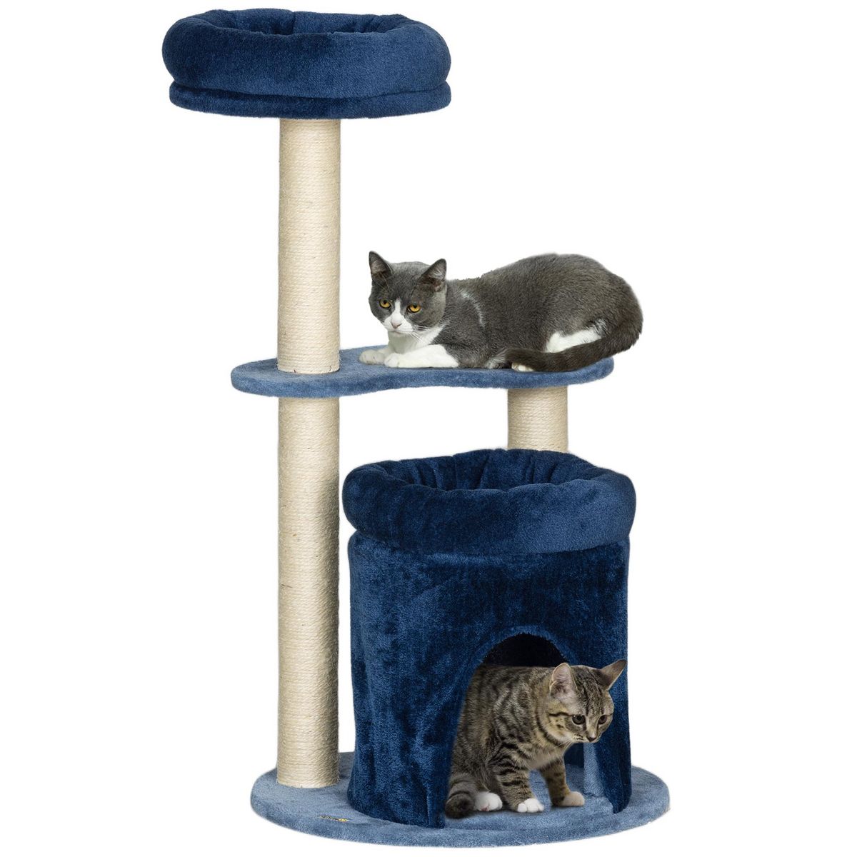 PAWHUT Arbre à chat design - niche, 2 plateformes, 2 coussins, griffoirs - peluche bleu roi