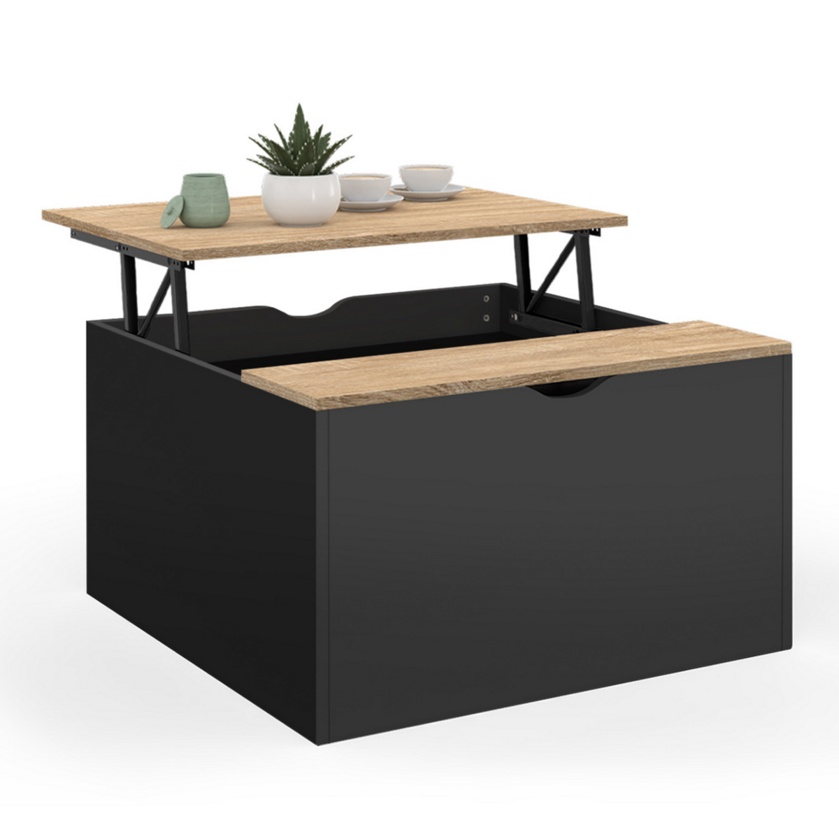 ID MARKET Table basse plateau relevable carrée ELEA avec coffre bois noir et façon hêtre
