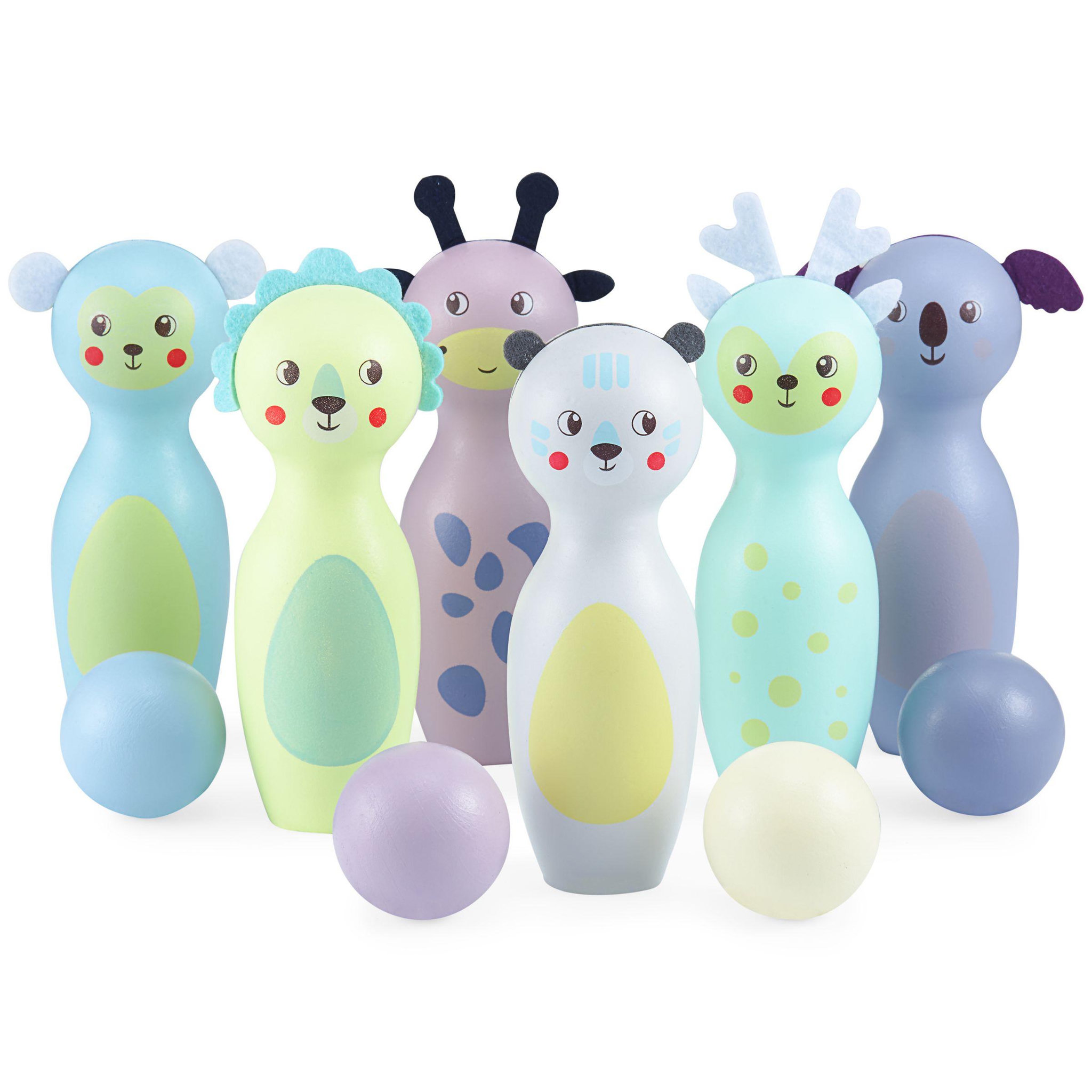 Voir la diapositive 2 : MAMABRUM Jeu de Quilles en Bois Enfants Mamabrum - Animaux Pastels, 6 Quilles et 4 Boules - Bowling Enfant