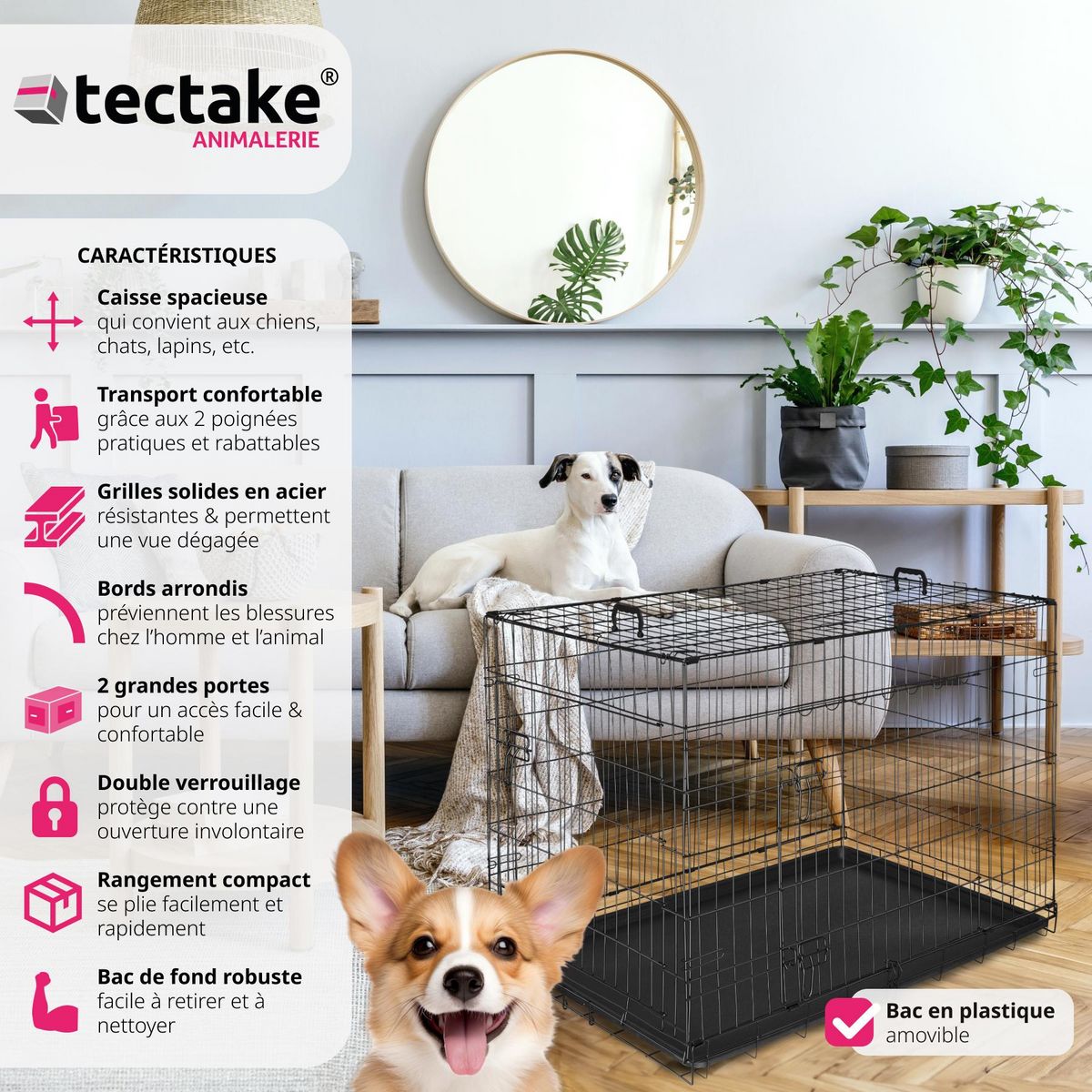 tectake Caisse grillagée pour chien pliable avec 2 poignées de transport noir