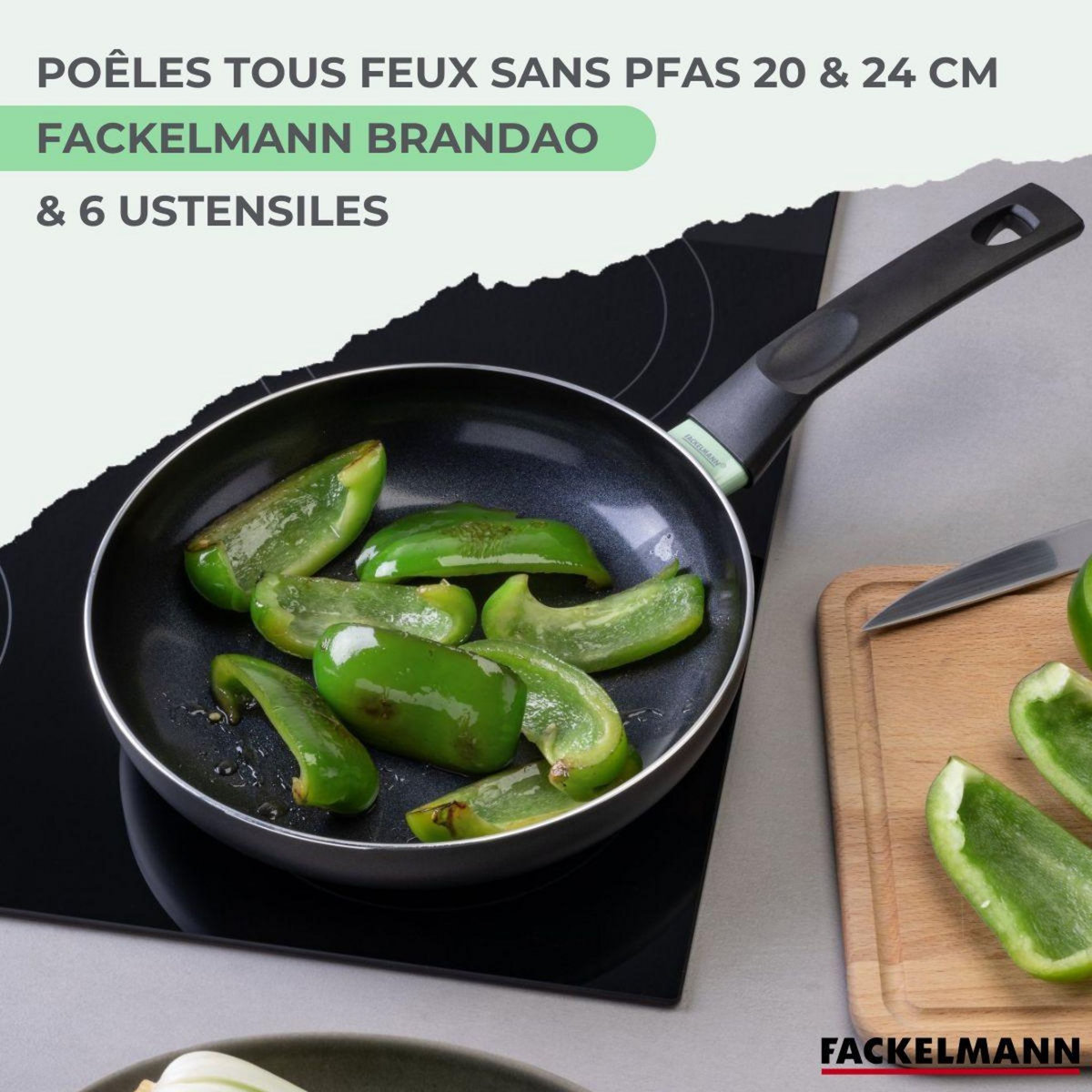Fackelmann Ensemble de 2 poêles de 20 et 24 cm et 6 ustensiles Fackelmann Brandao
