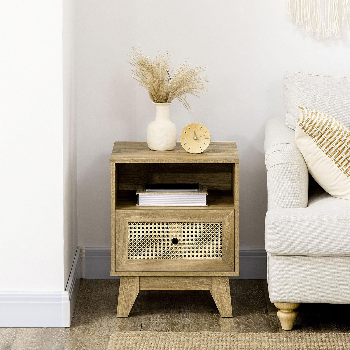 HOMCOM Chevet style bohème - table de nuit design - tiroir, niche - aspect bois manguier rotin