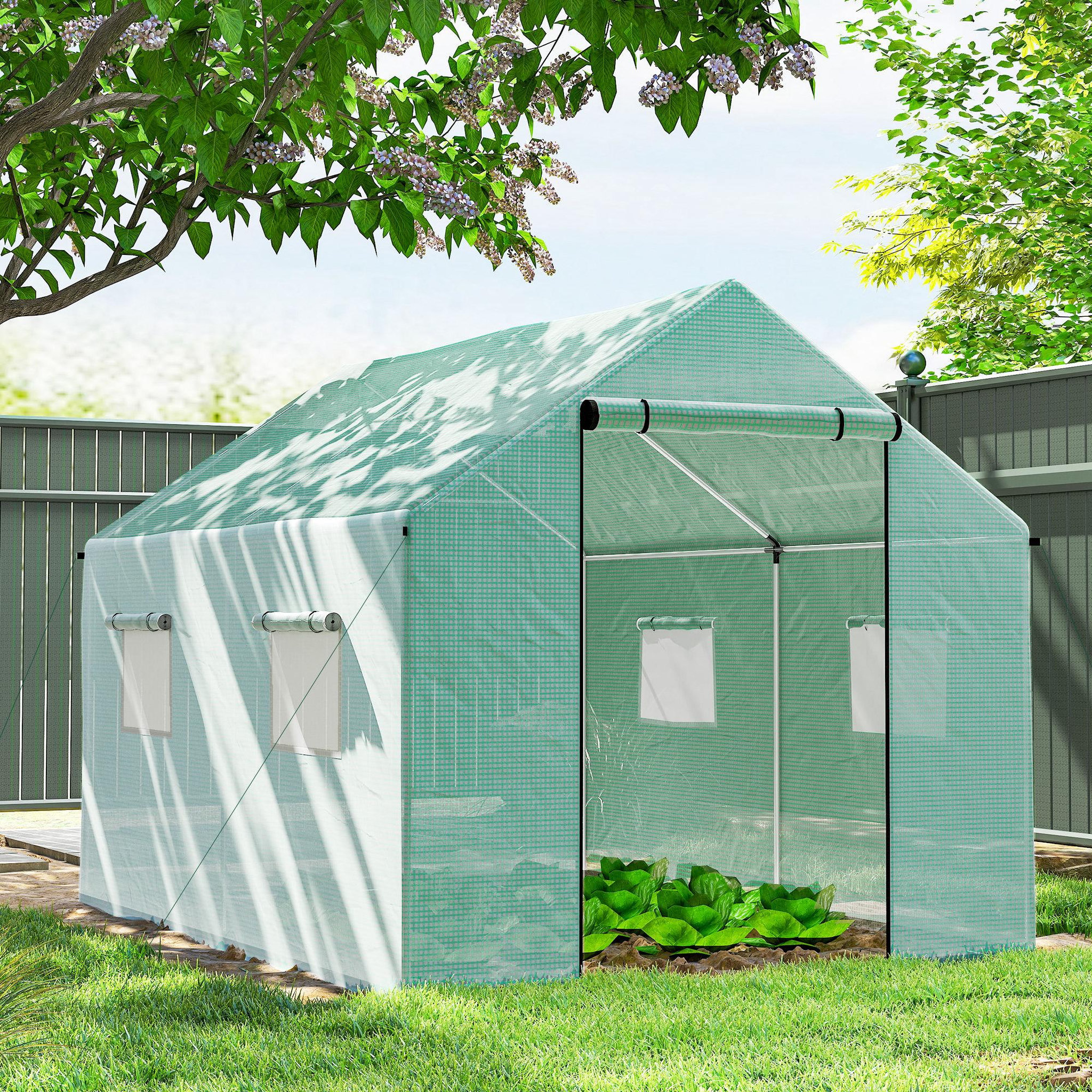 Voir la diapositive 2 : OUTSUNNY Serre de jardin tunnel 6 m² porte 4 fenêtres acier galvanisé PE vert