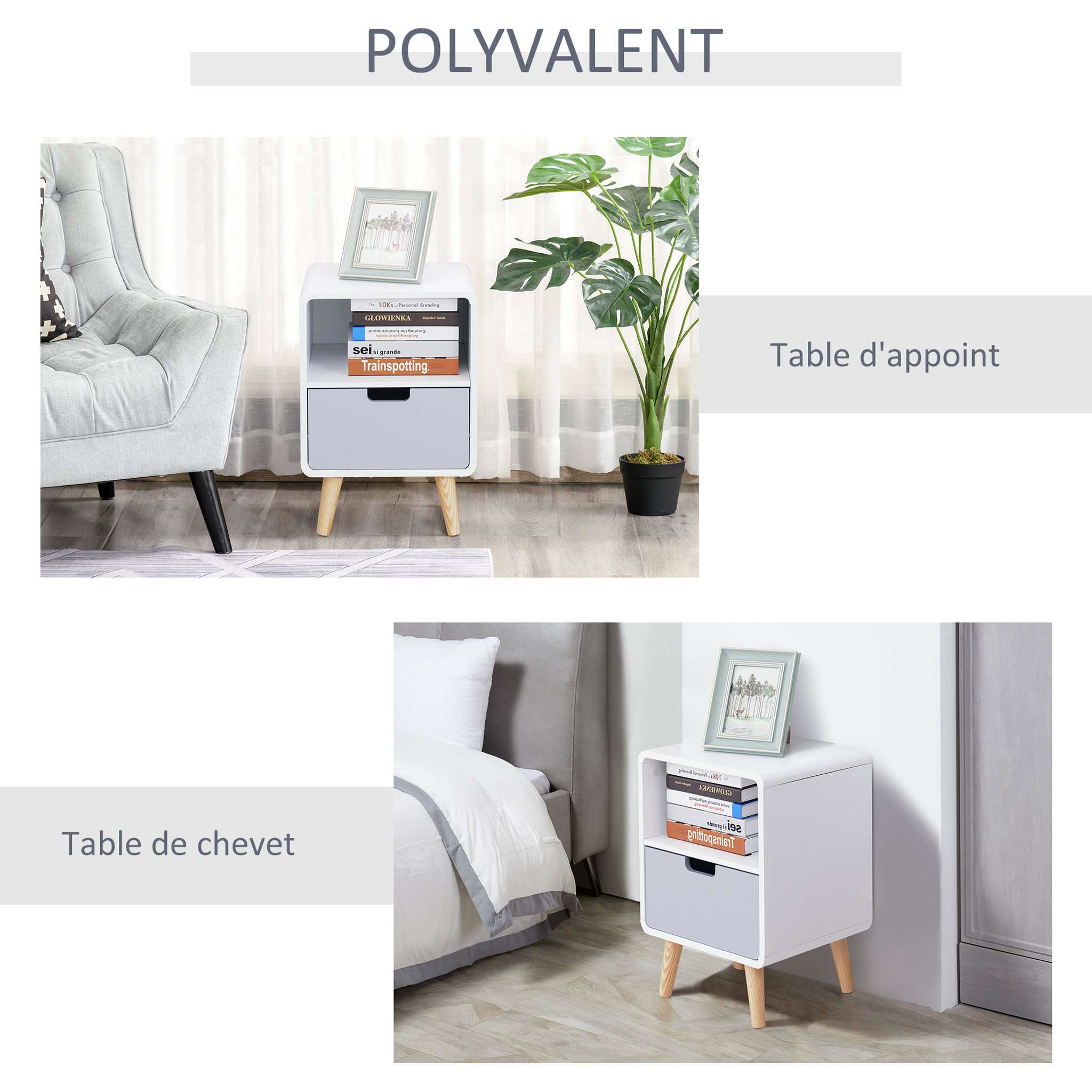 Voir la diapositive 5 : HOMCOM Chevet table de nuit design scandinave 40L x 38l x 58H cm tiroir + niche bois massif pin MDF blanc bleu gris