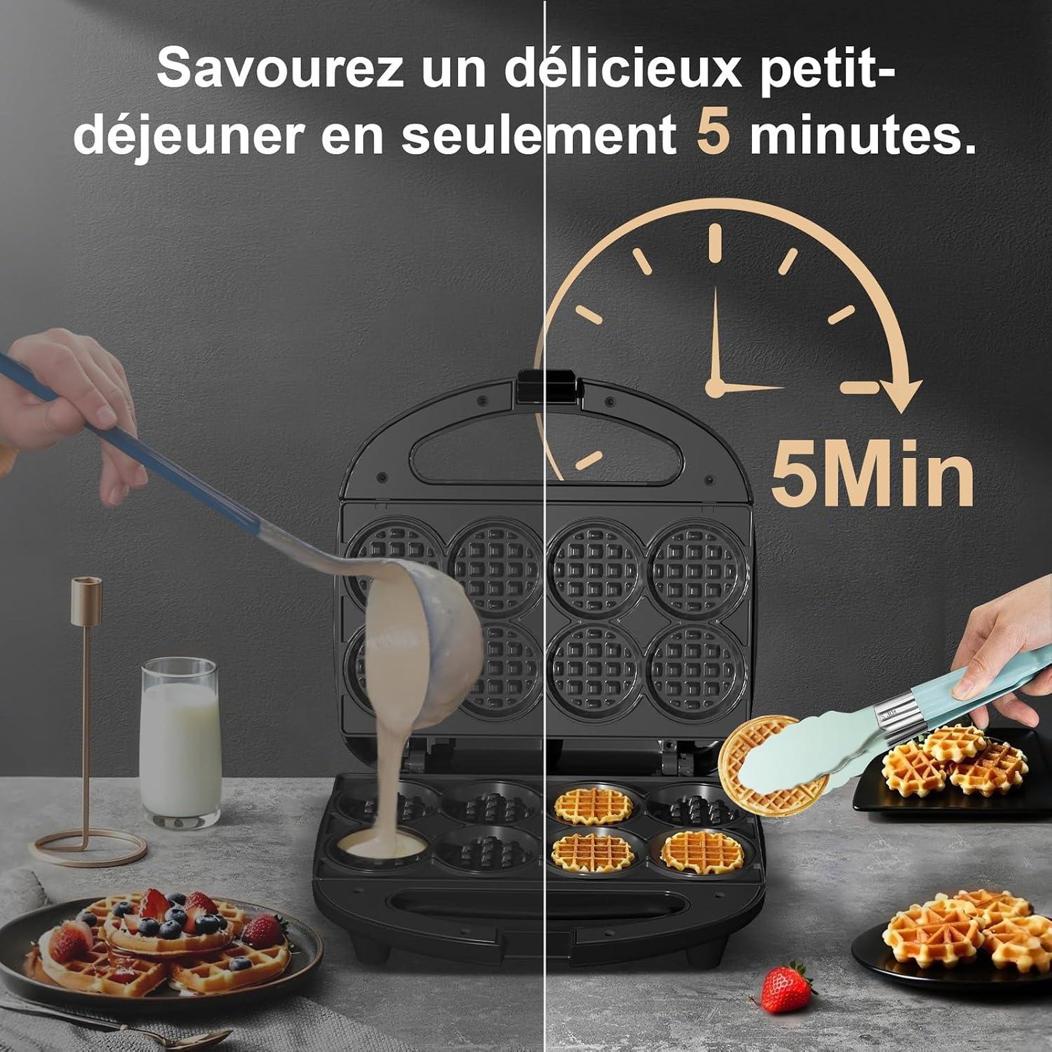 Voir la diapositive 2 : YASHE Mini gaufrier, 750 W, 8 gaufres de 5 cm, noir