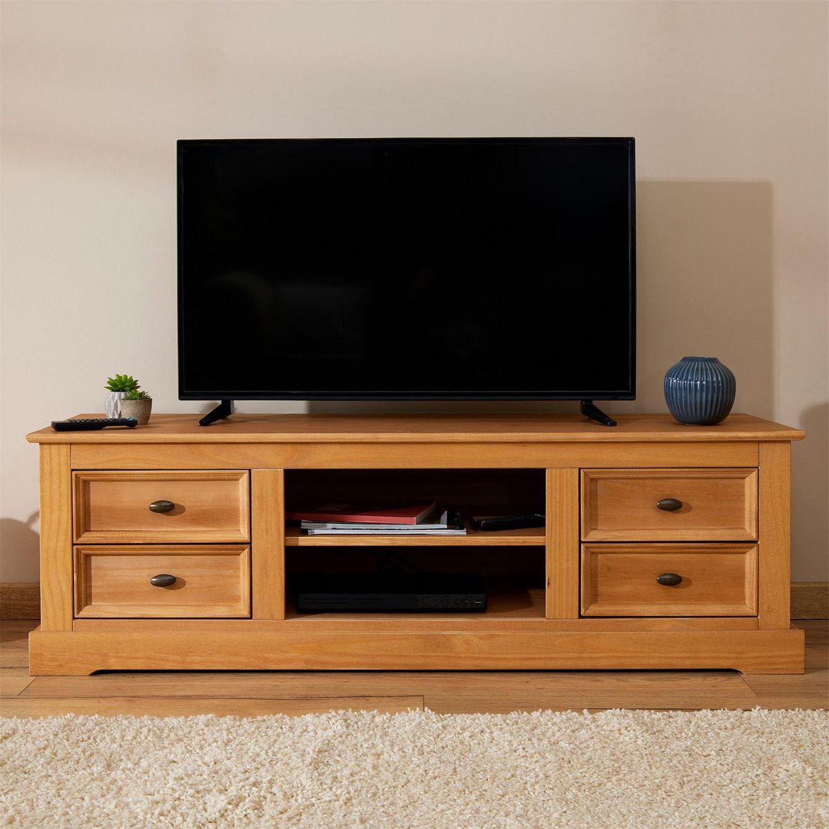 IDIMEX Meuble TV KENT en pin massif, avec 4 tiroirs