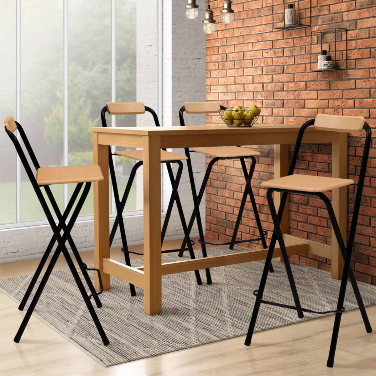 ID MARKET Lot de 4 tabourets de bar pliants DETROIT structure noire avec assise effet bois design industriel