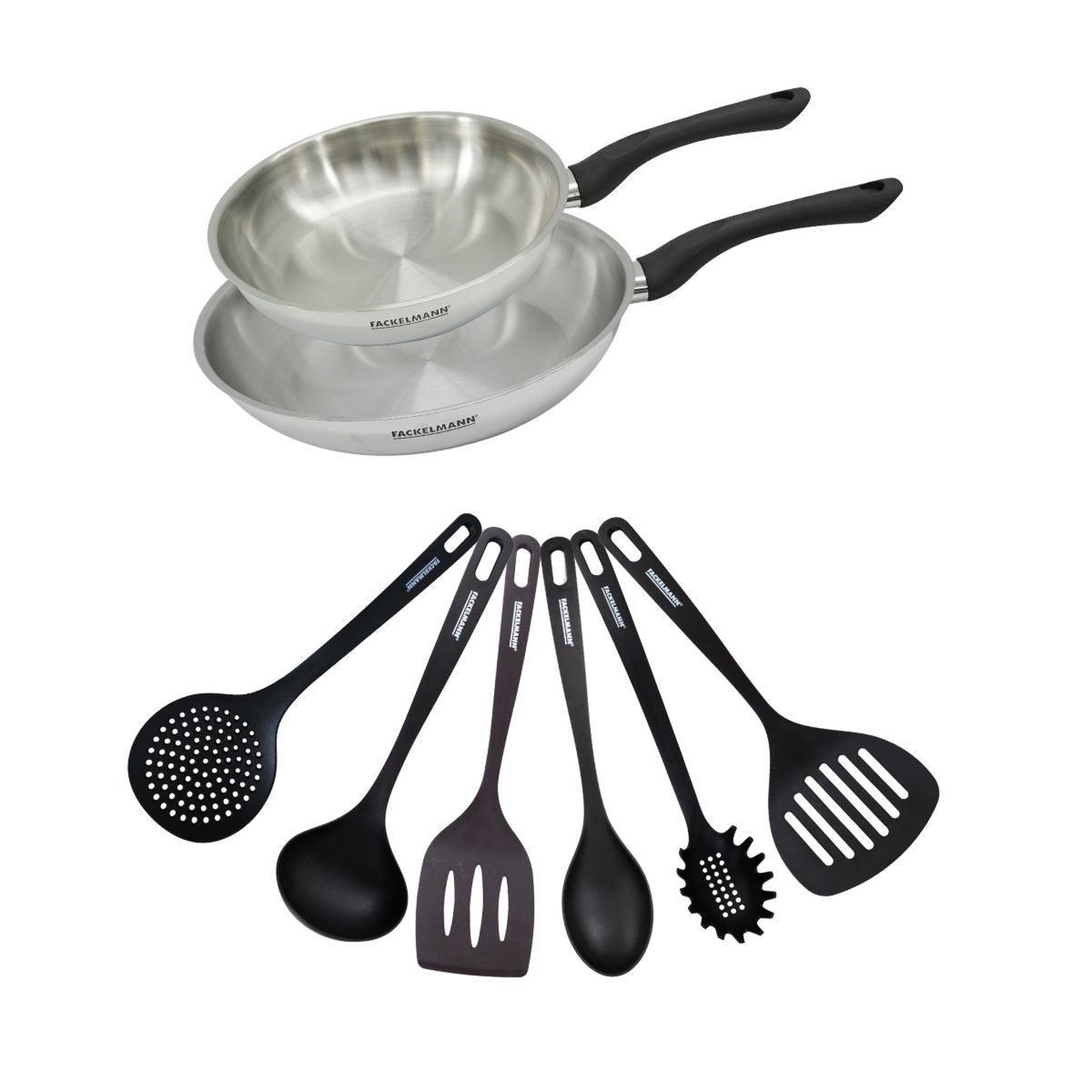 Fackelmann Set 2 poêles 24 et 28 cm en inox et 6 ustensiles fackelmann geneva