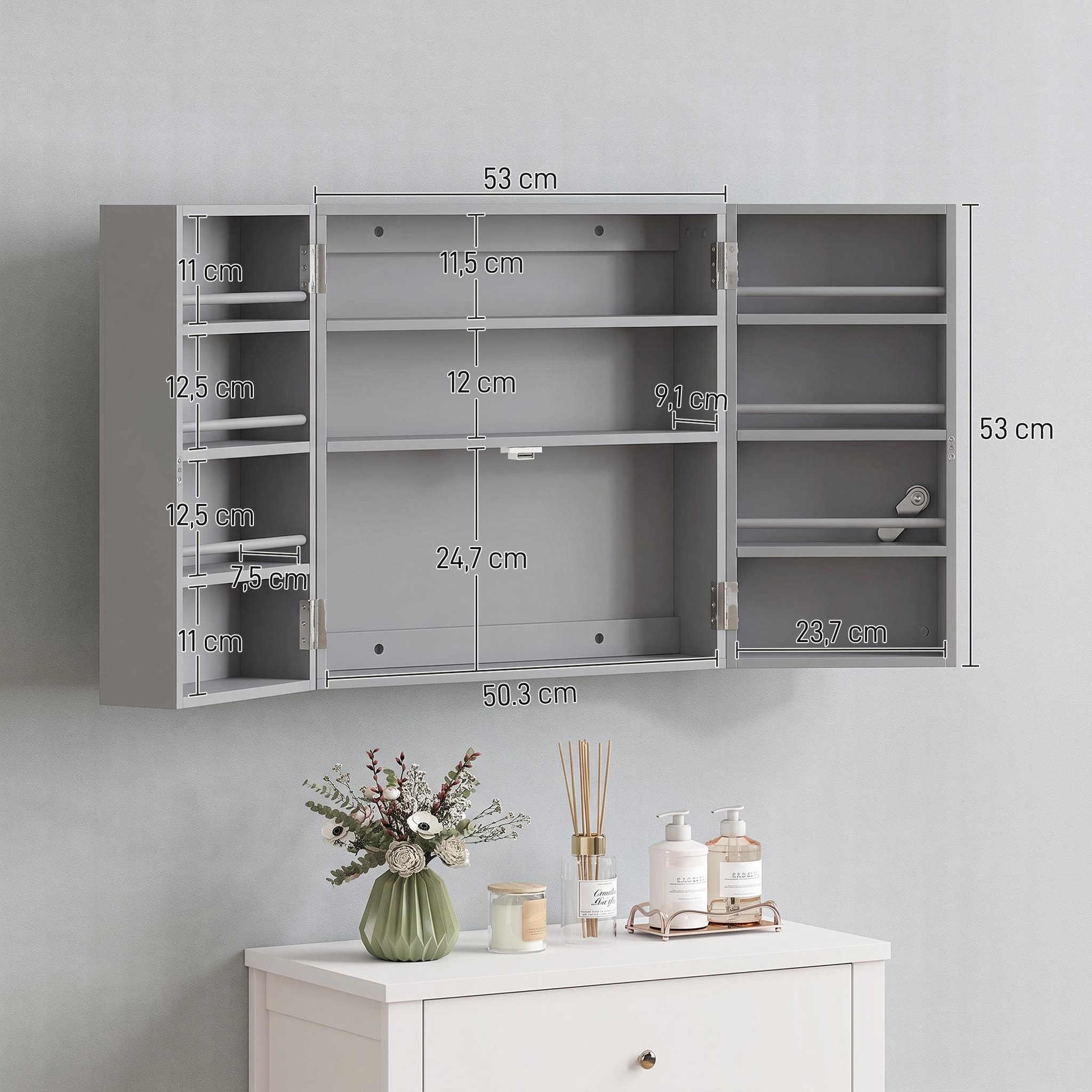 Voir la diapositive 3 : HOMCOM Armoire à pharmacie 4 étagères double porte verrouillable MDF gris