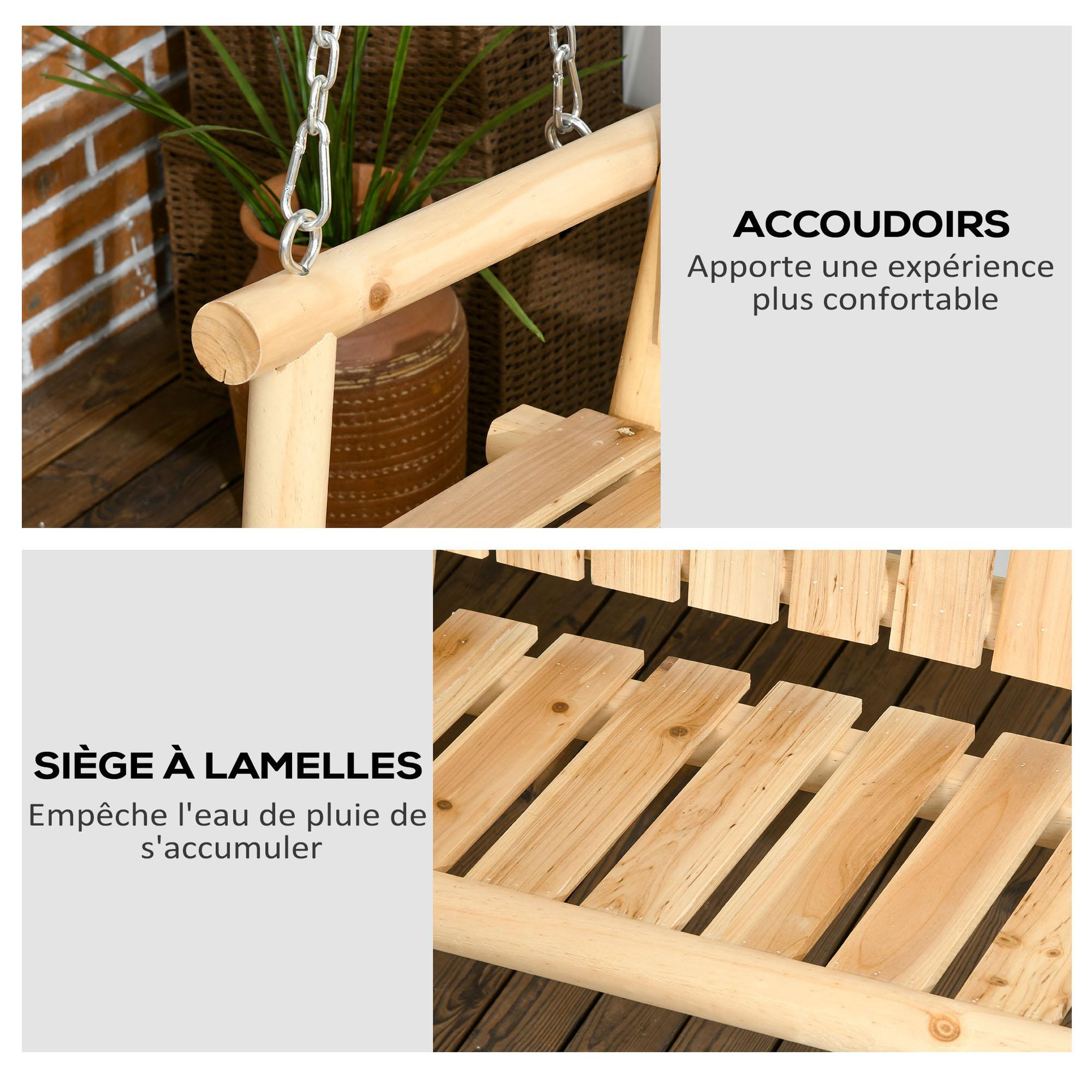 Voir la diapositive 6 : OUTSUNNY Banc suspendu 2 places charge max. 200 Kg - assise dossier à lattes, chaînes incluses - bois