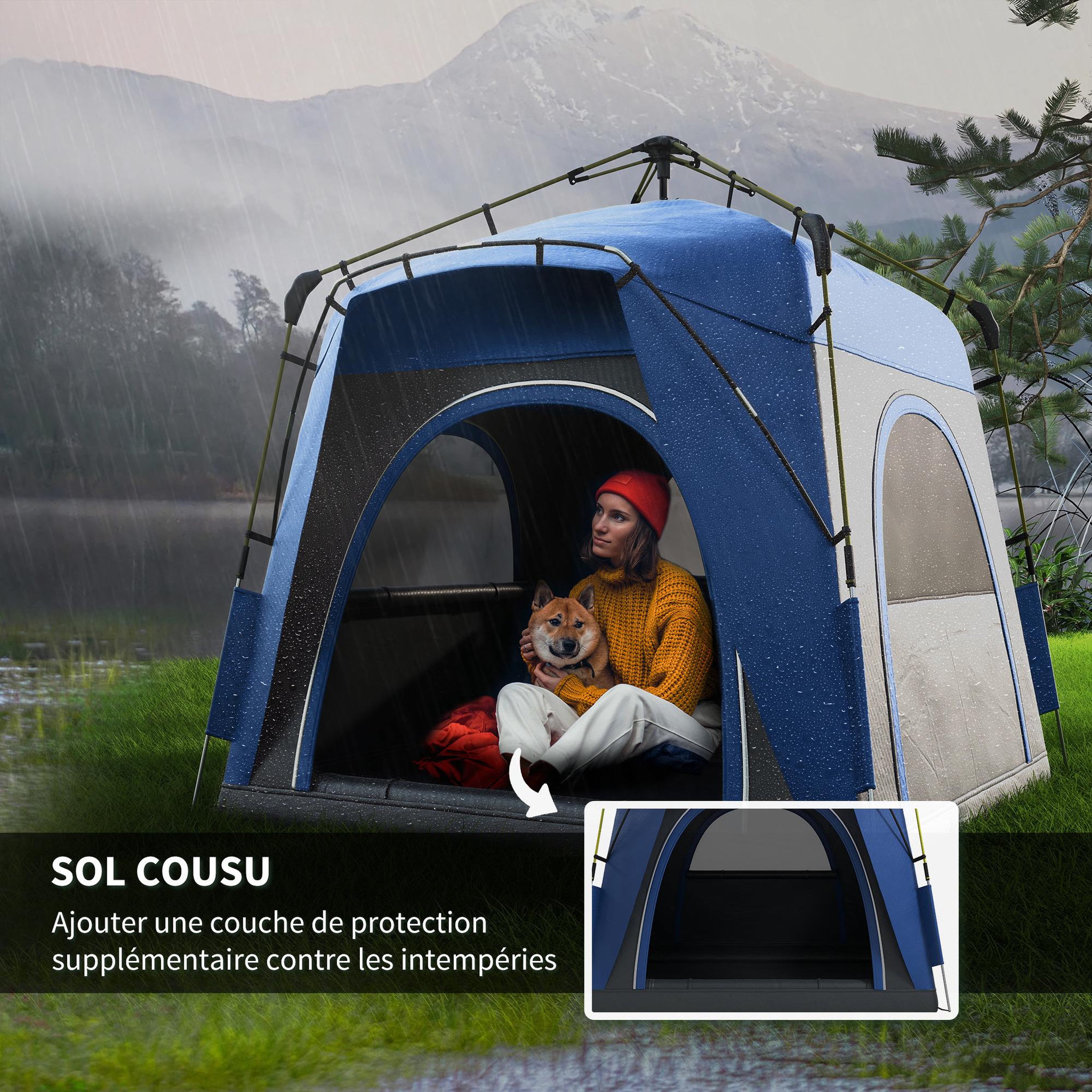 Voir la diapositive 5 : OUTSUNNY Tente de camping familiale 4 personnes montage instantanée pop-up 4 fenêtres pare-soleil dim. 2,4l x 2,4l x 1,95h m fibre verre polyester bleu anthracite