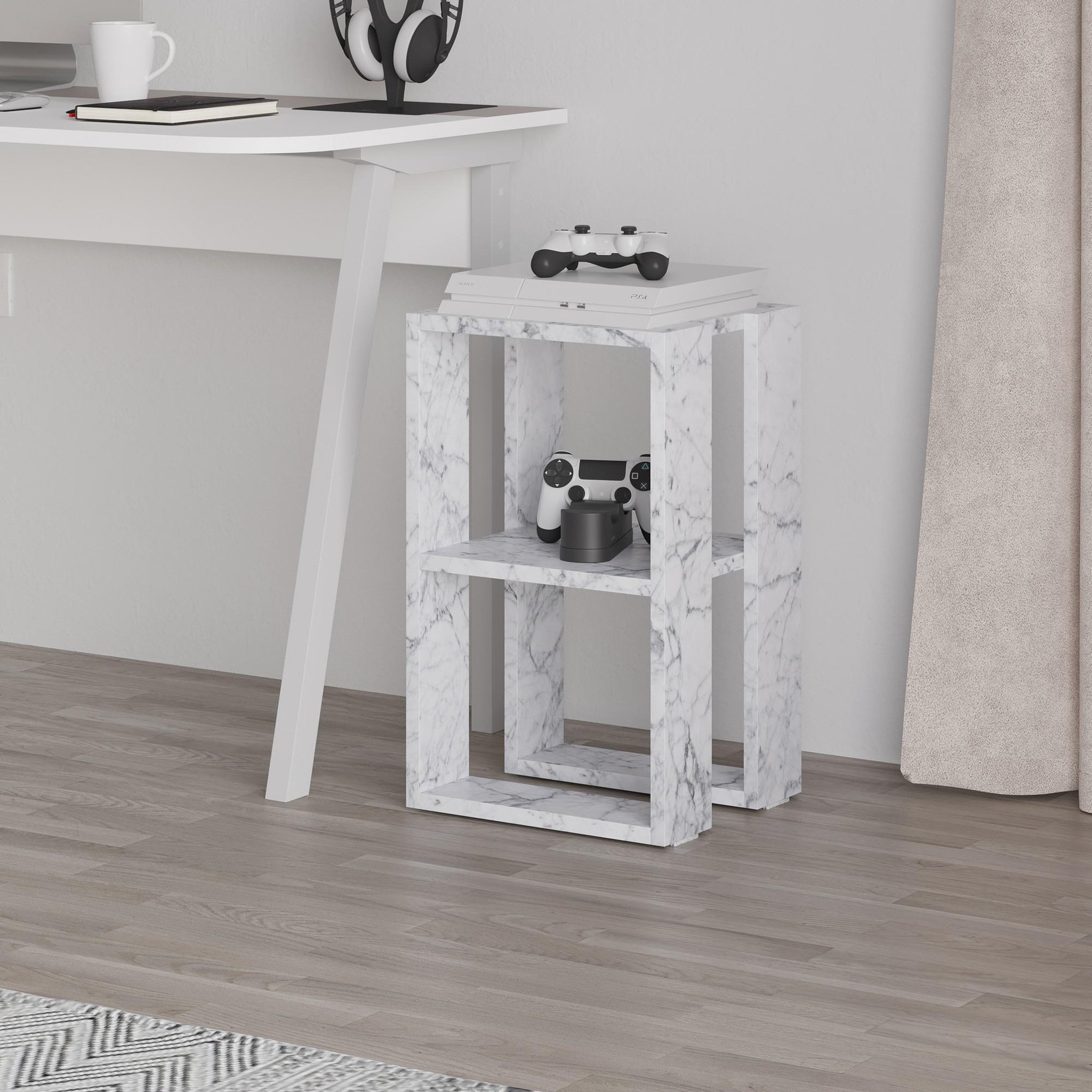 Voir la diapositive 2 : Habitat et Jardin Table de chevet en bois  lonie  30 x 30 x 55 cm - marbre de carrare